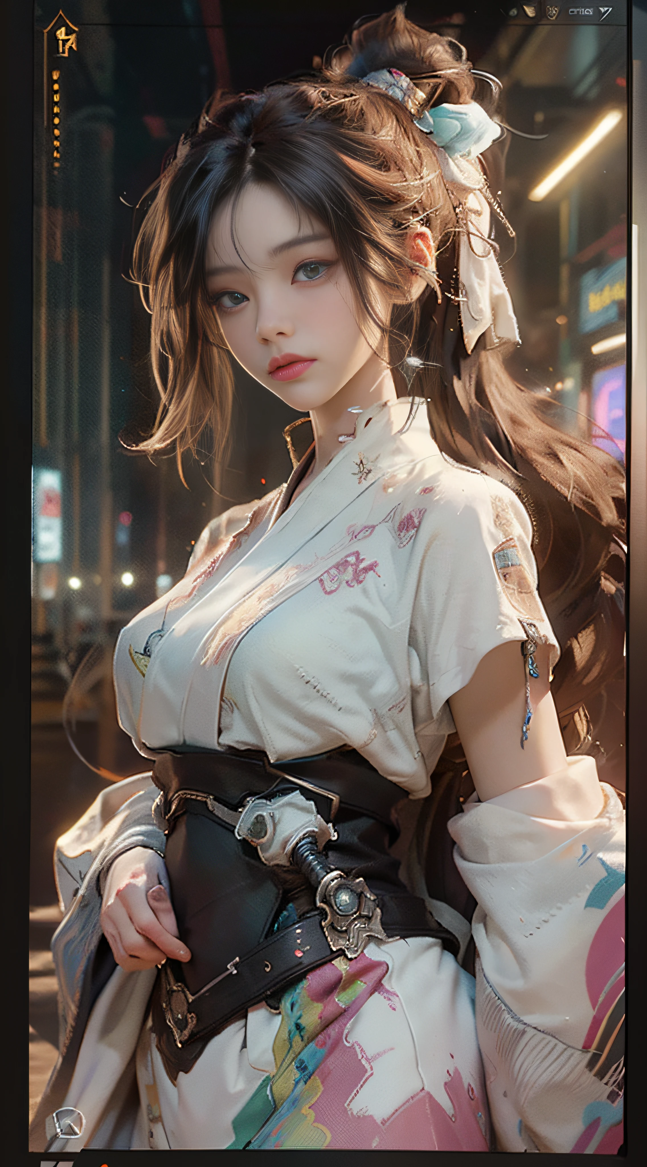 ((best best quality)), ((MasterPiece)), (Detail:1.4), 3D, A beautiful cyberpunk female image,HDR（high dynamic range）,RayTrace,nvidia rtx,The ultra-Resolution,Unreal 5,Subsurface scattering、pbr texturing、postprocessing、Anisotropic Filtering、depth offield、Maximum Clarity and Clarity、Many-Layer Textures、Albedo and Specular map、Surface coloring、Mitsu-Accurate simulation of material interactions、Perfect Scale、octanerendering、Two-colored light、large aperture、low ISO、white balance、Rule of Thirds、8K RAW、beautiful bright pupils，flowing robe，Fine pupils，Detailed face and eyes，Long Lashes，Blushlush，voluminous hair，Tender red lips