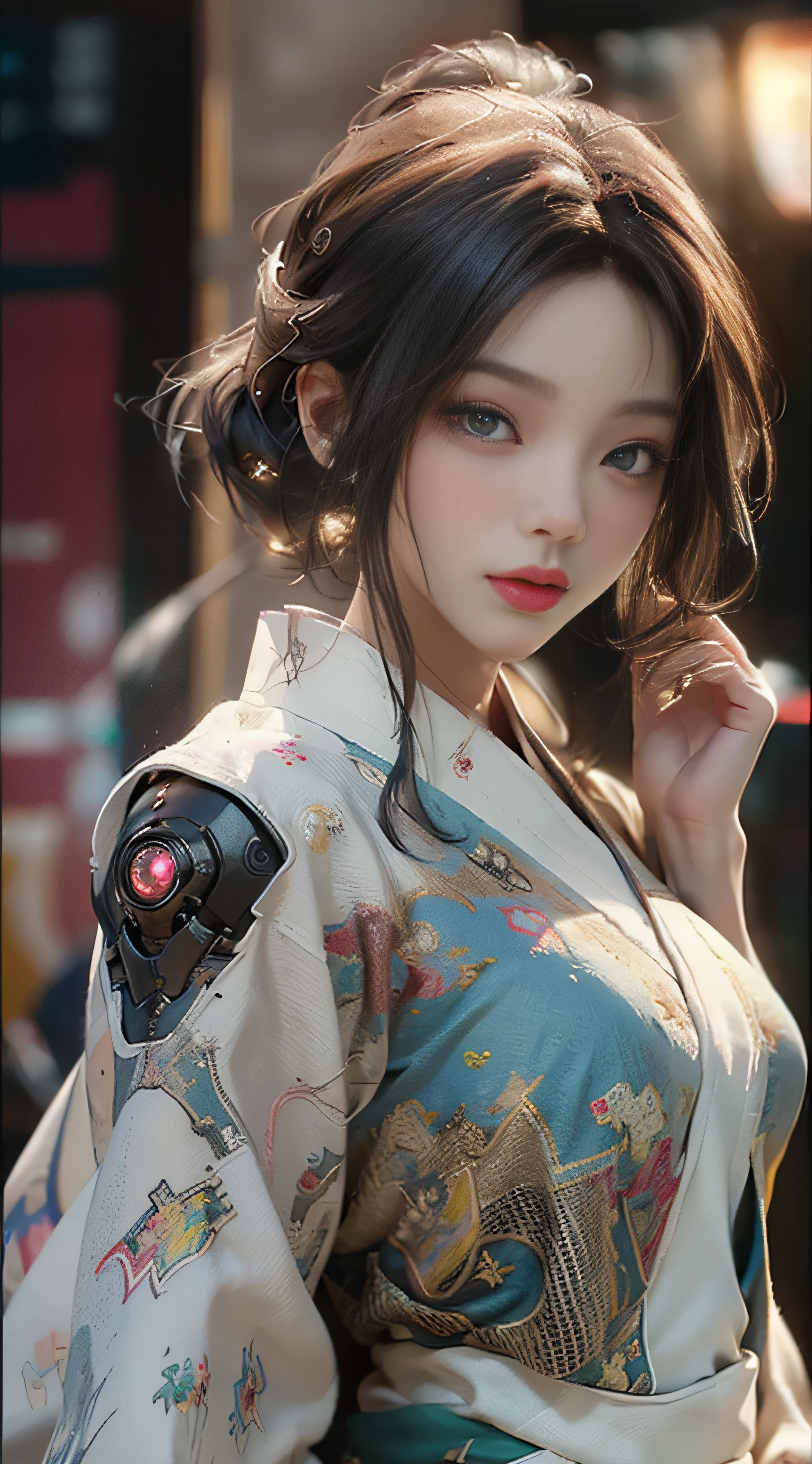 ((best best quality)), ((MasterPiece)), (Detail:1.4), 3D, A beautiful cyberpunk female image,HDR(high dynamic range),RayTrace,nvidia rtx,The ultra-Resolution,Unreal 5,Subsurface scattering、pbr texturing、postprocessing、Anisotropic Filtering、depth offield、Maximum Clarity and Clarity、Many-Layer Textures、Albedo and Specular map、Surface coloring、Mitsu-Accurate simulation of material interactions、Perfect Scale、octanerendering、Two-colored light、large aperture、low ISO、white balance、Rule of Thirds、8K RAW、beautiful bright pupils,flowing robe,Fine pupils,Detailed face and eyes,Long Lashes,Blushlush,voluminous hair,Tender red lips