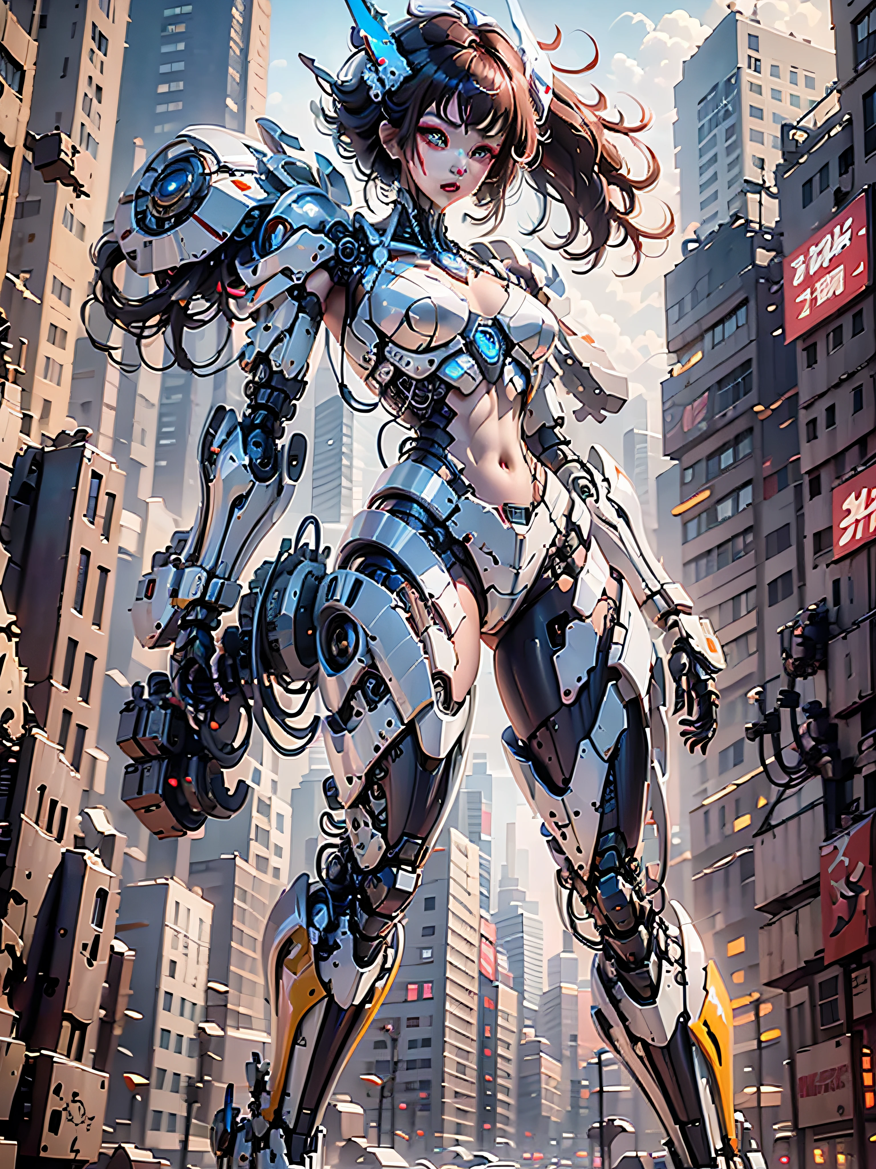 (highly detailed:1.5), (8k), futuristic mecha girl on the cover of a neon-lit science fiction magazine, style (cyberpunk:1.3), wearing an elegant battle suit with bright details, posing confidently with a giant robot in the background, (bold typography:1.2), dynamic composition, vibrant colors, (Akira style:1.1), (inspired by Hajime Sorayama:1.2), full body, red details,  yellow, blue, white, combat position, detailed bikini,