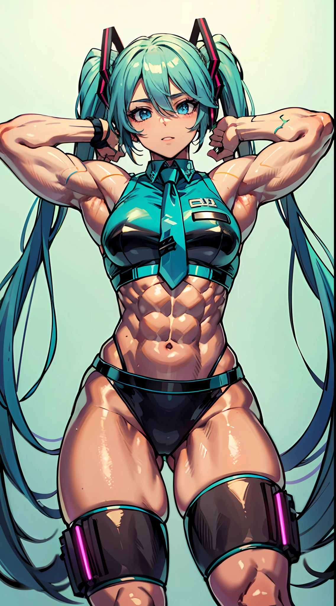 Light blue eyes with green twin tails, brown skin, muscular, Hatsune Miku, top quality, bodybuilding