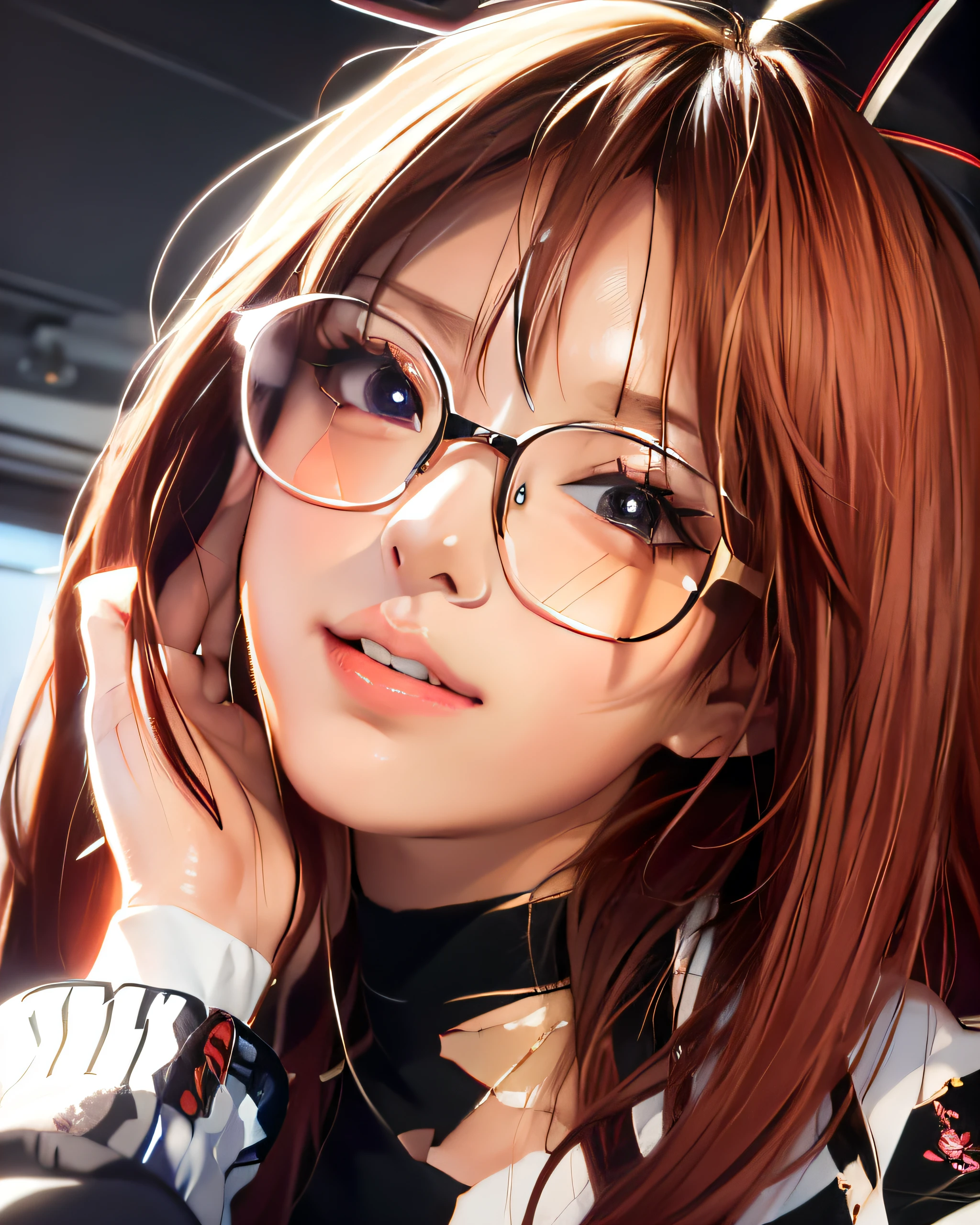 Anime girl Chiseki Fuko with glasses and red and white striped shirt, kawaii realistic portrait, realistic anime art style, realistic anime art style, beautiful anime portrait, realistic anime, anime realism style, portrait anime girl, realistic anime 3 D style, realistic young anime girl, cute anime girl, digital anime art, anime style portrait, cute anime girl portrait, beautiful anime girl