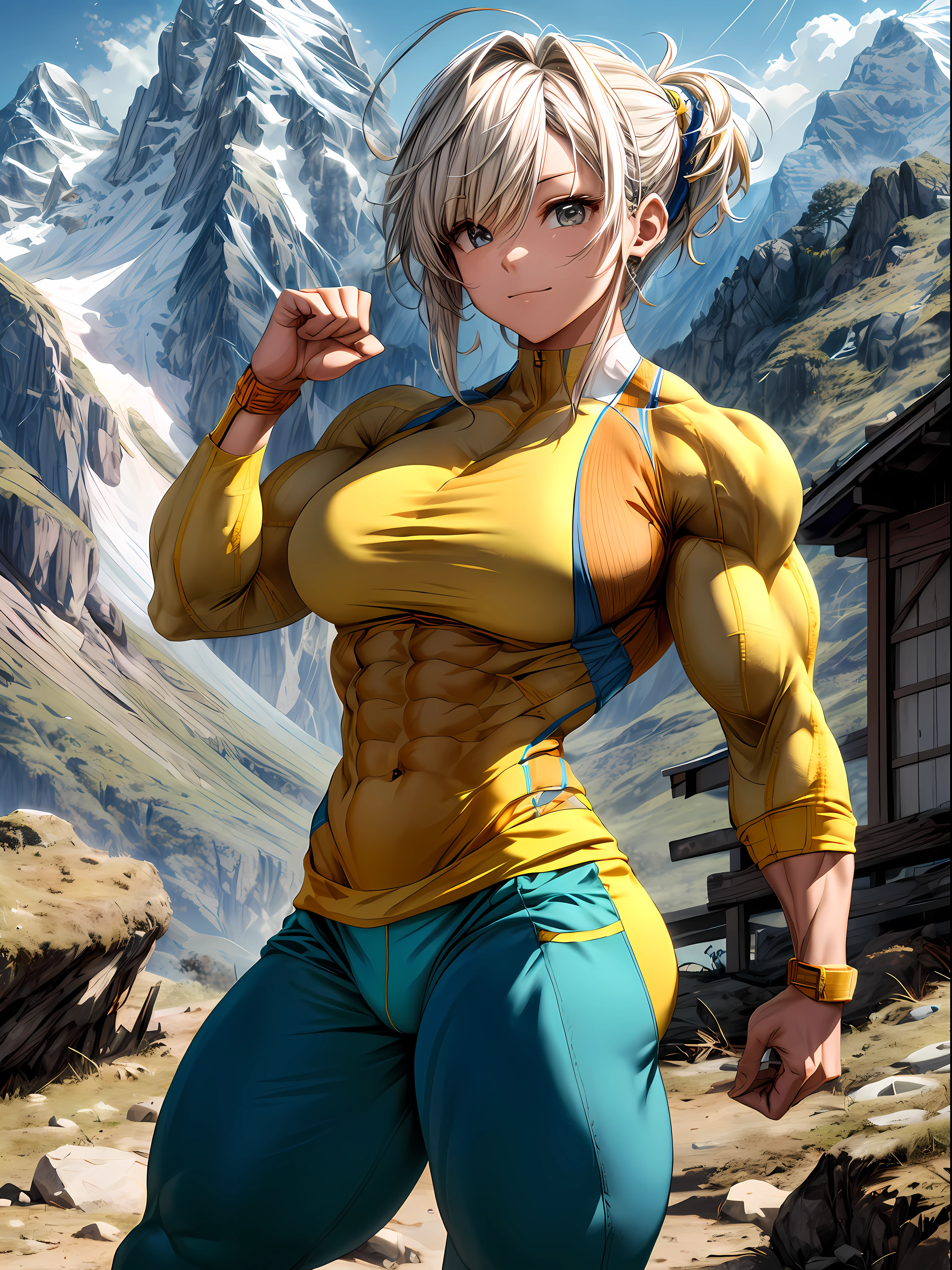 (best lighting) , (super-complex details) , 4K unified, (super-detailed CG: 1.2) , (8K: 1.2),(original), (masterpiece) , (best quality),(Masterpiece:1.4),Anime-ish high quality,(masterpiece),masterpiece, best quality, absurdres,((Masterpeace, 4k, 8k, highres))1girl, she is hiking up a mountain towards a mountain resort, hiking clothes, spring, boots, perfect figure, yellow short asymmetric hair, sweat, dynamic pose, ((body builder:1.5)),temple background,(beautiful bace),(girl),(female),(((upper body:1)))