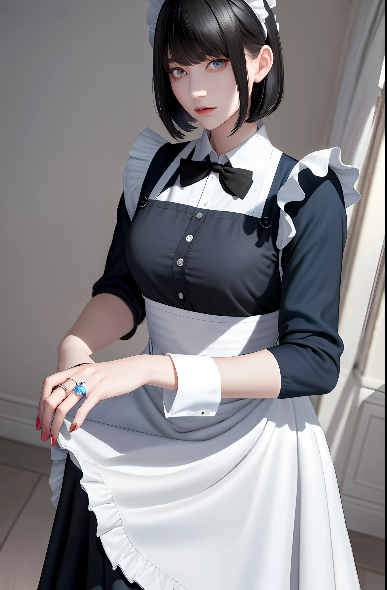 Masterpiece, (Photorealistic: 1.4), Top Quality, Beautiful Lighting, (ulzzang-6500:0.5), Makima \(Chainsaw Man\), (Bob Hair) + (Black Hair) + (Bangs), Amazing Face, Blue Eyes, Blue Eyes, (((Ring Eyes)), (Maid Clothes), (Maid Clothes), RAW Photos, 8k UHD, Film Grain