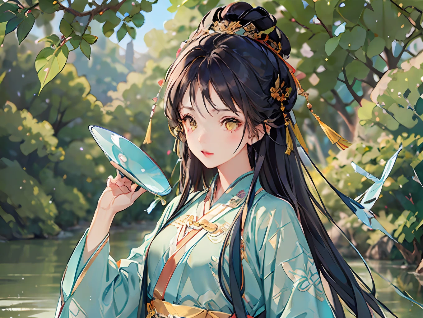 best quality, intricate details, highres,(beautiful detailed water:1.4),(hanfu, tang style),yellow eyes,(1girl in glass jar:1.1),