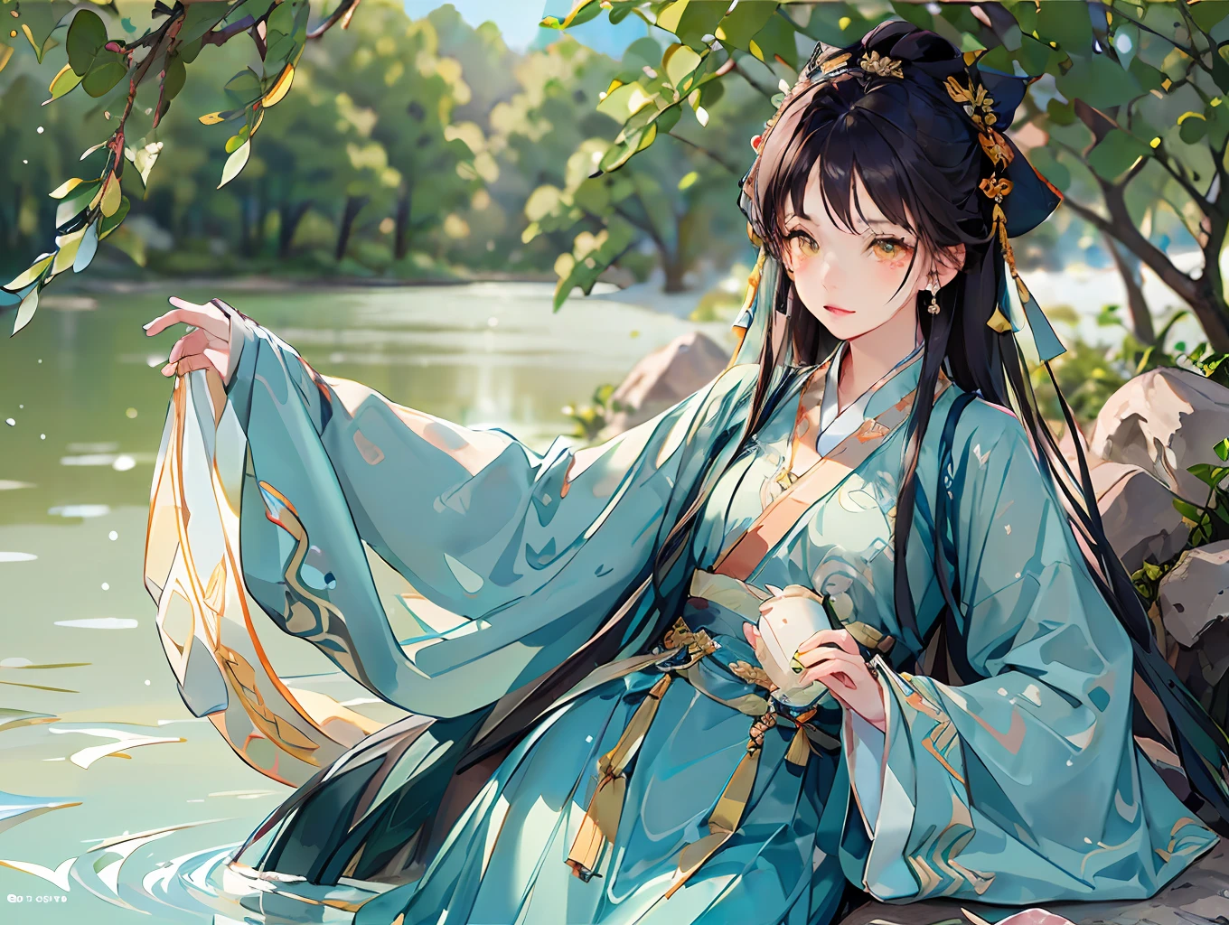 best quality, intricate details, highres,(beautiful detailed water:1.4),(hanfu, tang style),yellow eyes,(1girl in glass jar:1.1),