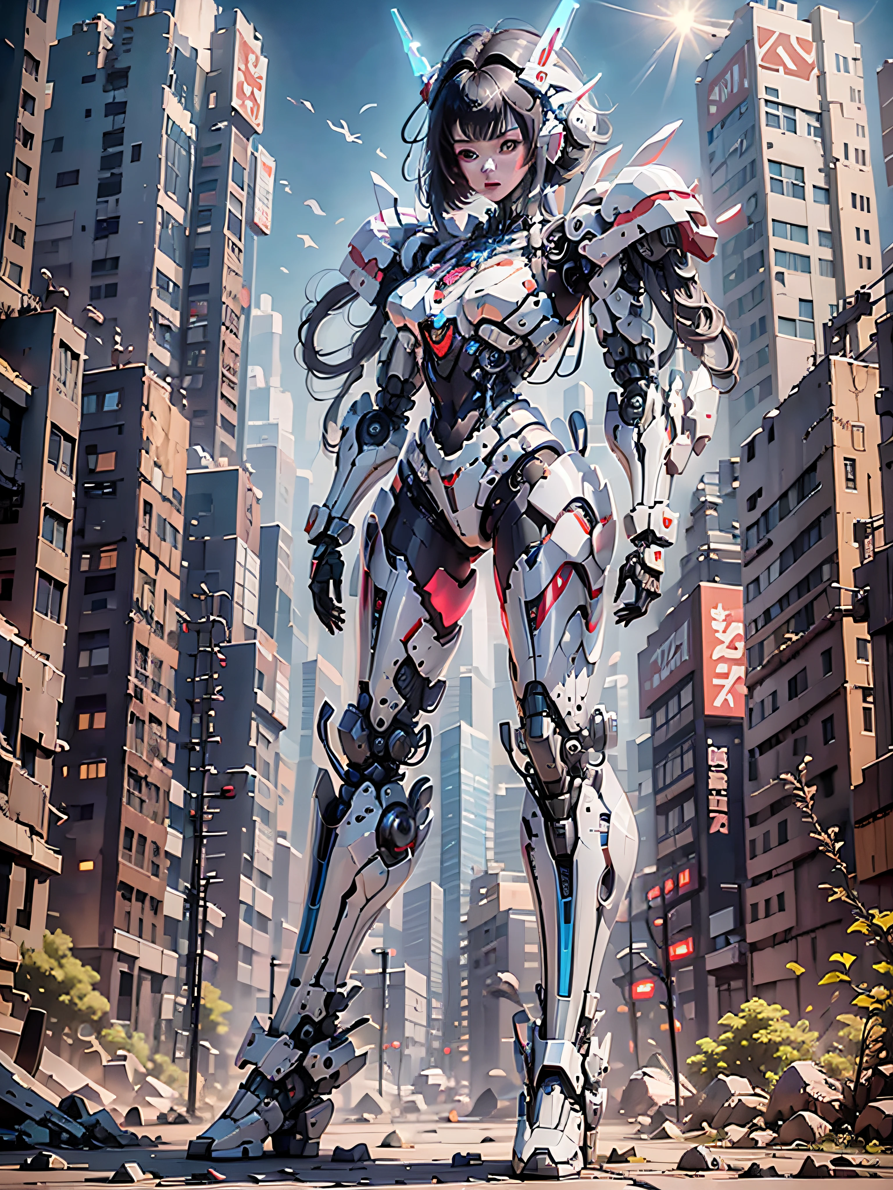 (highly detailed:1.5), (8k), futuristic mecha girl on the cover of a neon-lit science fiction magazine, style (cyberpunk:1.3), wearing an elegant battle suit with bright details, posing confidently with a giant robot in the background, (bold typography:1.2), dynamic composition, vibrant colors, (Akira style:1.1), (inspired by Hajime Sorayama:1.2), full body, red details, yellow, blue, white, combat position, detailed bikini,
