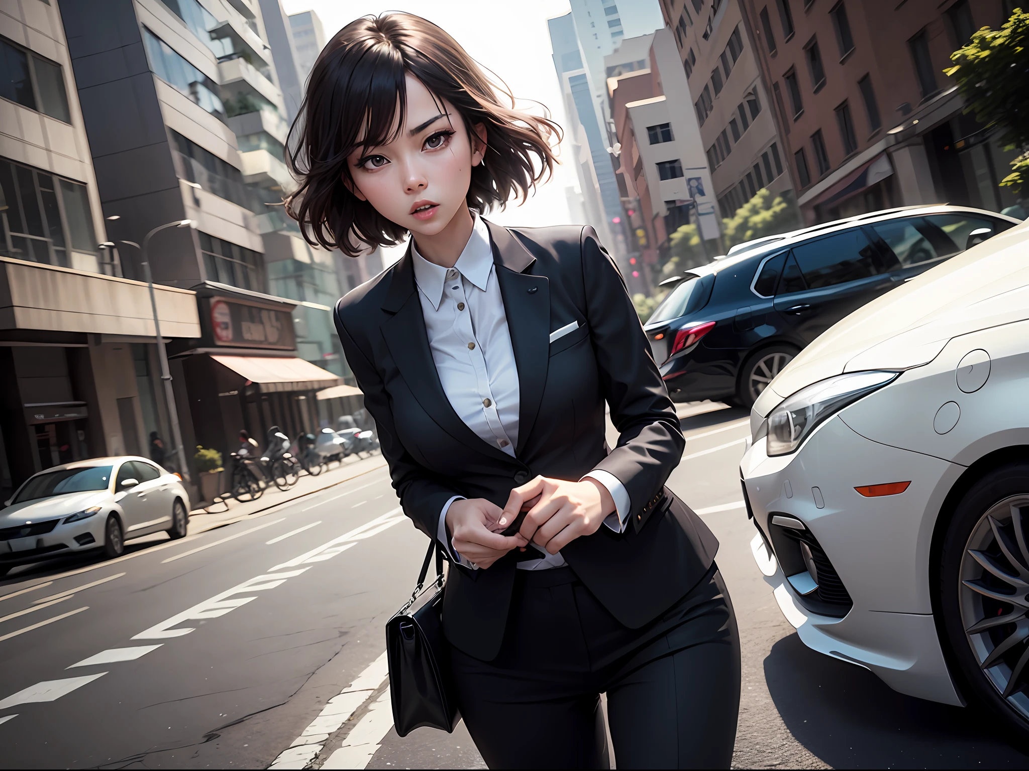 A woman, wearing a suit, is getting off from a black sedan, getting off action, wide angle, anime style. --auto