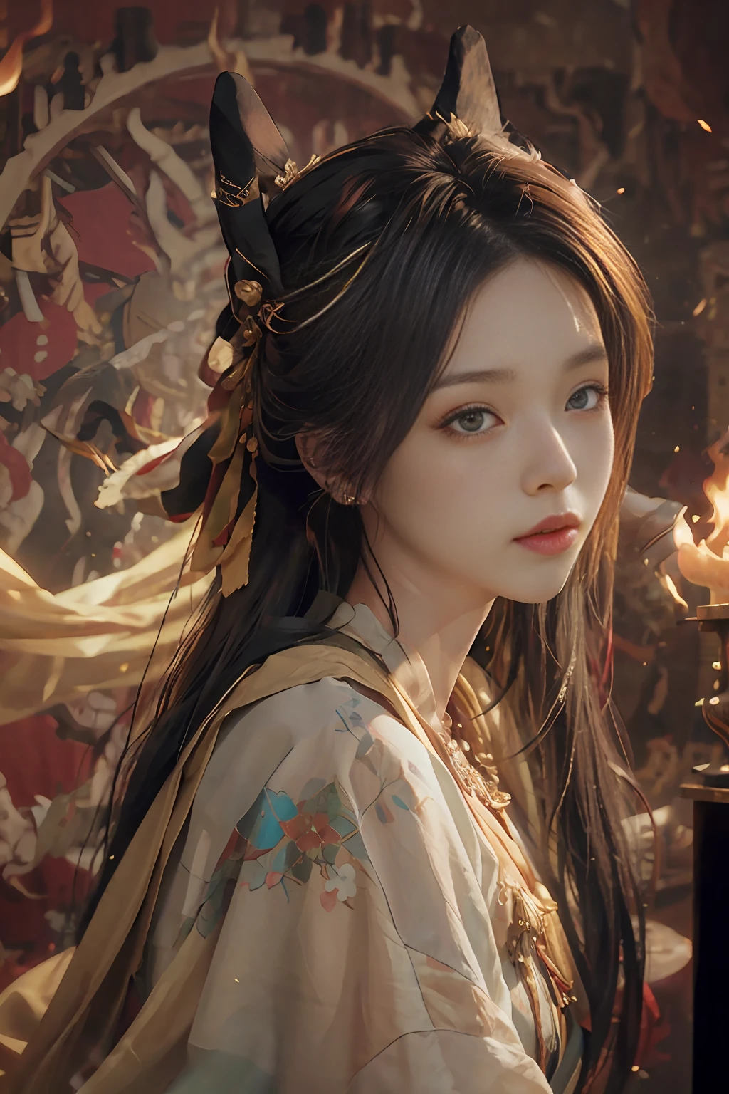 (RAW photo, best quality), (realistic, photo-realistic:1.3), best quality, highly detailed, masterpiece, ultra-detailed, illustration, 1girl, upper_body, dynamic angle, world mastery theater, messy_long_hair,best quality, extremely detailed CG unity 8k壁纸,墨水,惊人,电影灯光,lens_flare,dunhuang_style,微笑, 全身,(逼真,逼真:1.3)
