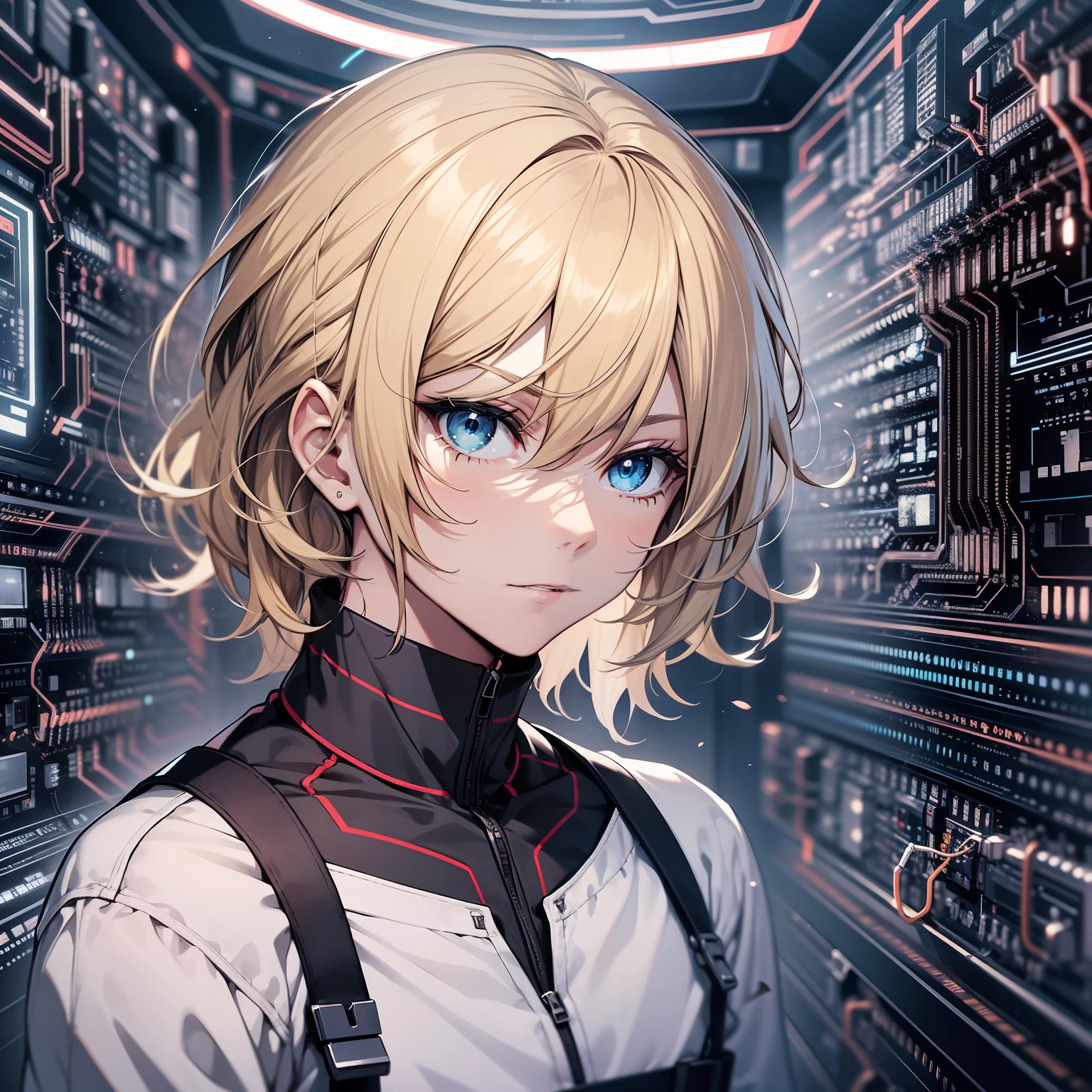 Rion (Galerians), young boy, blonde hair, blue eyes, in a white room, full of scattered circuits, looking at the viewer, 4K detailed eyes, good anatomy, masterpiece