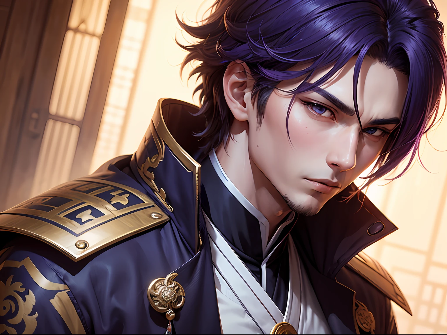 a close up of a person with a purple hair and a purple jacket, handsome guy in demon slayer art, beautiful androgynous prince, zhongli from genshin impact, keqing from genshin impact, handsome prince, casimir art, heise jinyao, xianxia hero, delicate androgynous prince, inspired by Huang Shen, taisho roman --auto