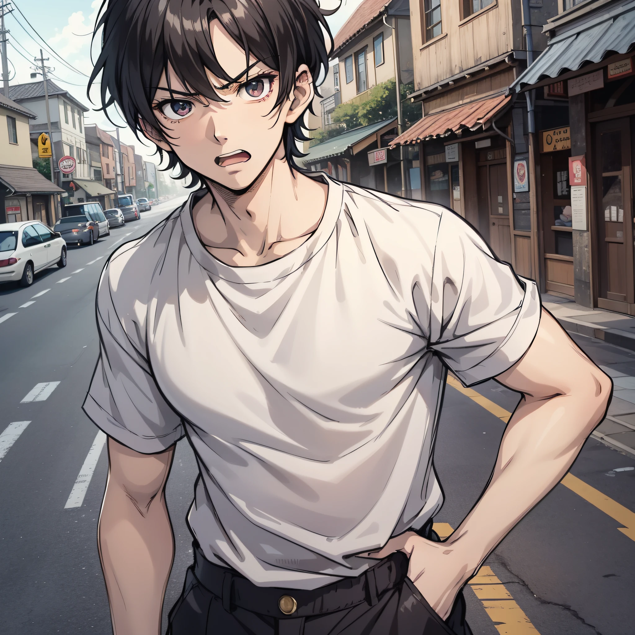 A young anime guy with short black hair and a white shirt about 20 years old standing on the side of the road at the entrance of the village clenched his fists and roared angrily, (panic expression 1.5) (unbelievable expression 1.3) (background is village 1.5) anime style 4 K, anime rendering, anime style. 8k, handsome anime face (upper body display 1.5) (handsome boy 1.3) (cinematic light 1.5)