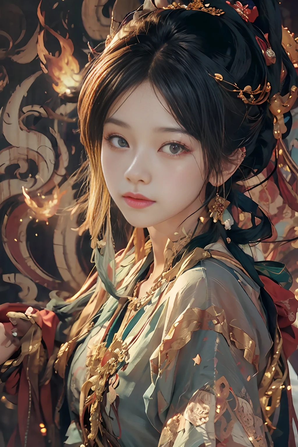 (RAW photo, best quality), (realistic, photo-realistic:1.3), best quality, highly detailed, masterpiece, ultra-detailed, illustration, 1girl, upper_body, dynamic angle, world mastery theater, messy_long_hair,best quality, extremely detailed CG unity 8k壁纸，墨水，惊人，电影灯光，lens_flare，dunhuang_style,微笑, 全身,（逼真，逼真：1.3)