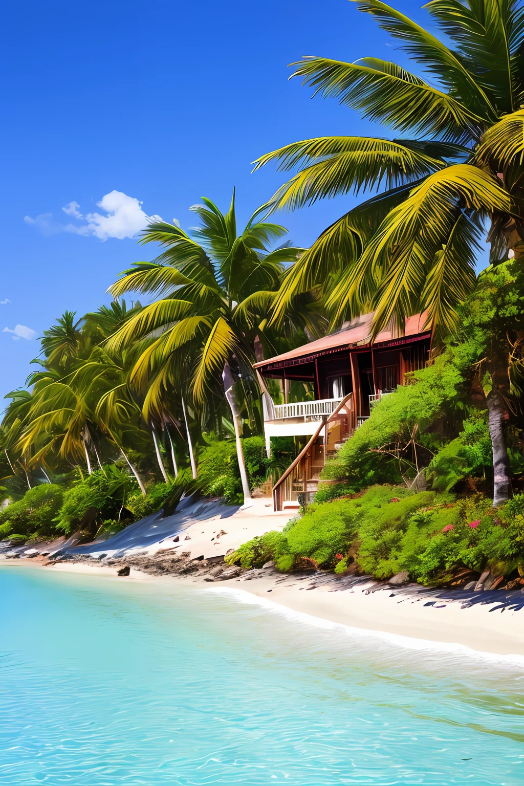 masterpiece, top quality, high quality, highly detailed 8k wallpapers in CG units, charming and dreamy scenes of fantasy beaches, sun, sunshine, palm trees, coconut nuts, bright tambourines, creating a sense of mystery and enchantment, artistic stations, digital illustrations, complex, trending, pastel colors, award-winning photos, depth of field, chromatic aberration, photorealism, Highly detailed, art station trends, CGsociety trends, complex, high-detailed, dramatic, art in the middle of the journey