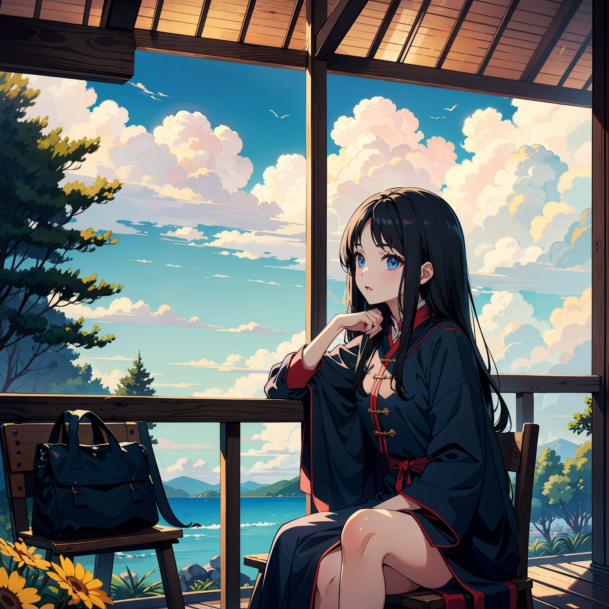 /girl, (long black hair 1.3), Xiu Xian clothes, sitting on a chair, clouds, sunshine,
