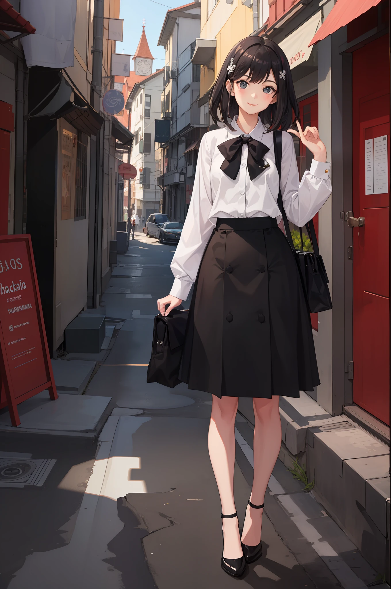 1 girl, smile, shirt, skirt, (small) chiralism, (panchira)