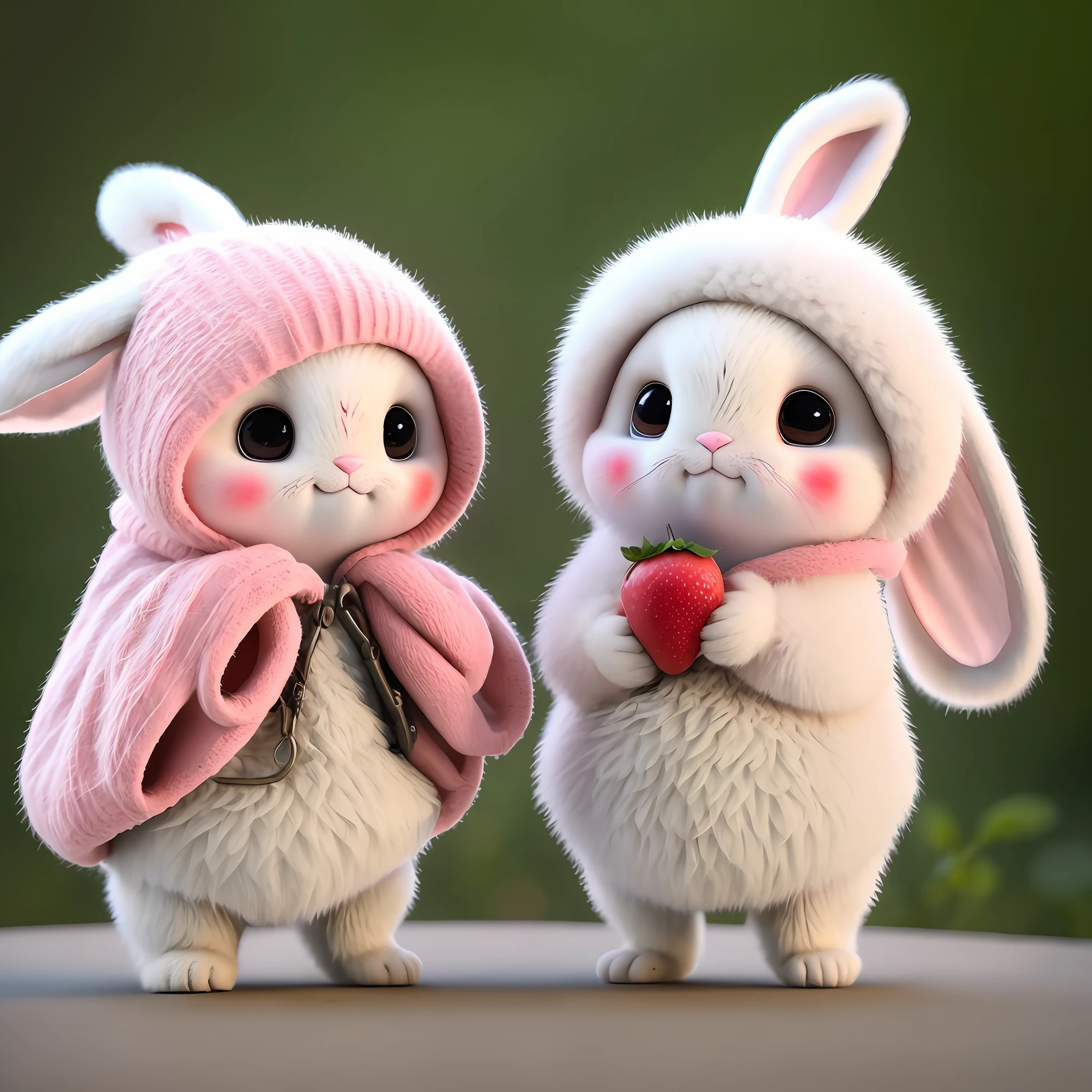 : 3. bunny, realistic, furry animal, apple, black eye, blush, cherry, food, fruit, full body, hat, non-human, strawberry, tomato, watermelon