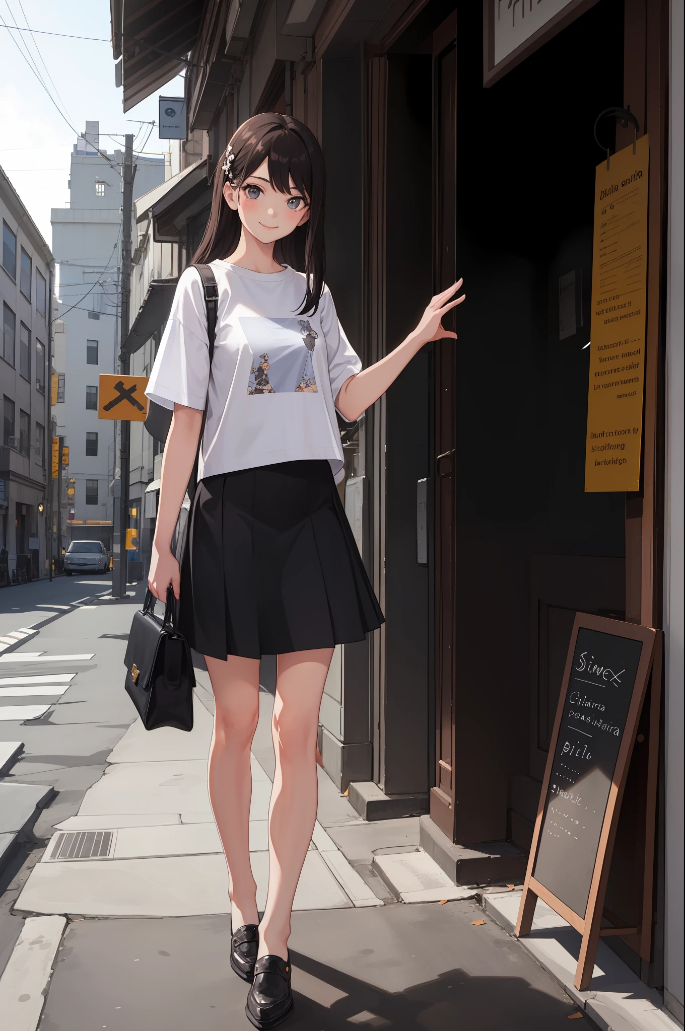 1 girl, smile, shirt, skirt, (small) chiralism, (panchira)