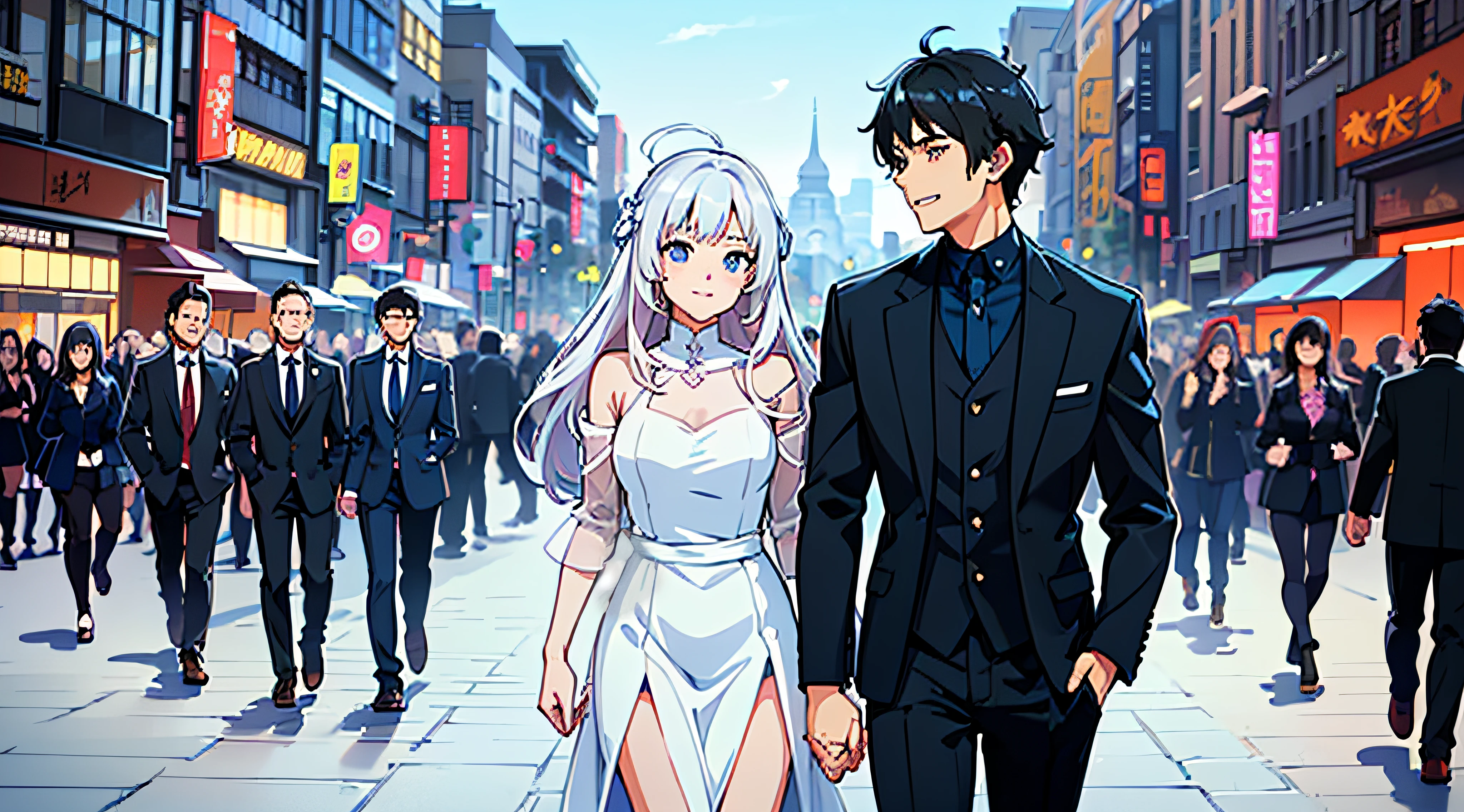 (woman with pink hair, bright light blue eyes)+(man with black hair and bright dark blue eyes)+(anime style Ilya Kuvshinov:1.2)+(Passionate and happy couple walking hand in hand in the middle of the city crowd)+(full body image)