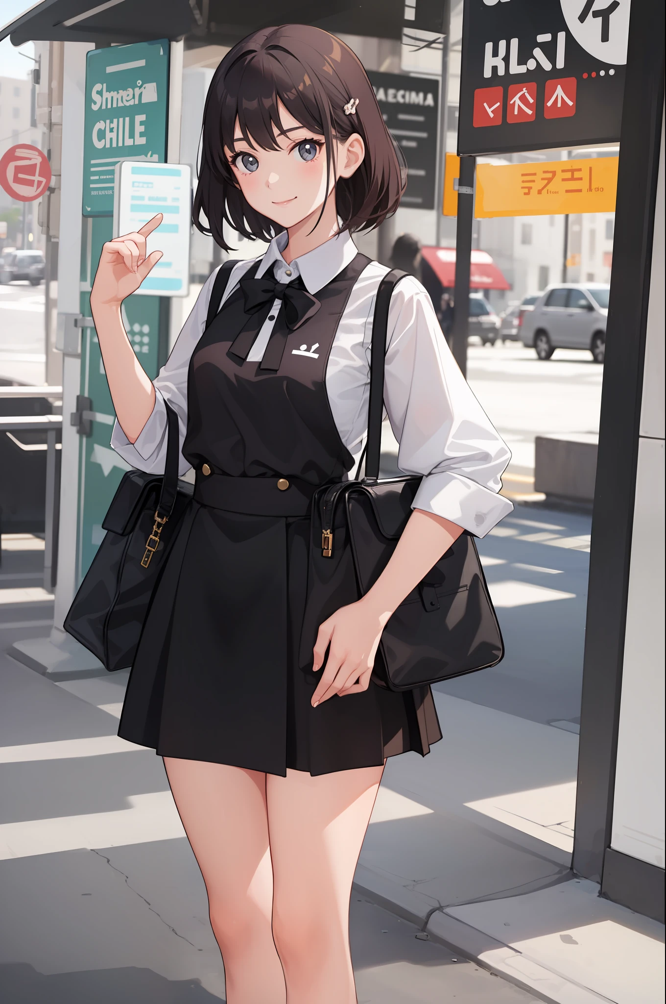 1 girl, smile, shirt, skirt, (small) chiralism, (panchira)