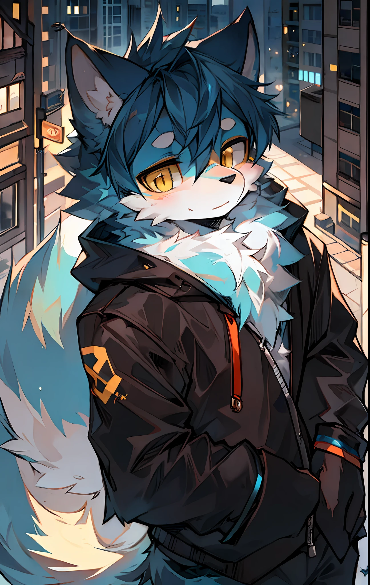 Furry, fur, body fur, urban, solo, blue hair, yellow eyes