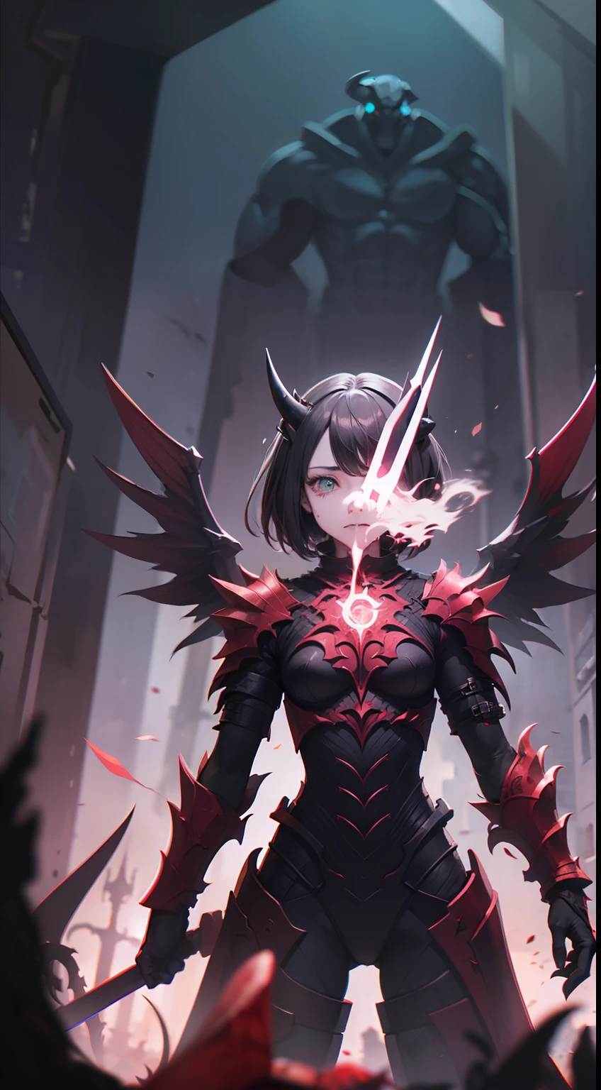 extremely delicate and beautiful,depth of field,4k wallpaper,(illustration),fantasy,(wide shot:1.5),(fisheye:1.21),dutch angle,asymmetrical shot,(chromatic aberration:1.3),tyndall effect,tow tone,black and red,upward lines,
//AI IS SB//,
(half-human half-monster:1.5),(demon lord,demon girl),adventurers,demon 
 wings,(crazy),horns,fangs,blood,heterochromia,vertical pupil,
//AI IS SB//,
(1 brave little girl stand in front of demon lord, with a broken sword in her hand,guarding),(from behind),armour suit,(broken sword:1.21), (brave:1.21), (fearless:1.21),
//AI IS SB//,
dead,dark magic,Monster Energy, corpses,(broken shield:0.8), determined,monster king, mutated body,dark_angel