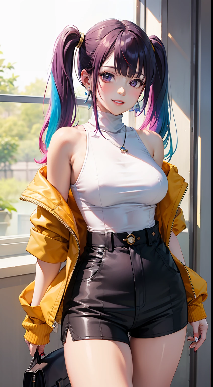 1girl,solo,jewelry,high-waist shorts,sleeveless,earrings,looking at viewer,shirt,jacket,breasts,off shoulder,shorts,plant,cowboy shot,smile,yellow jacket,blue hair,multicolored hair,black shorts,white shirt,sleeveless shirt,bangs,open clothes,bare shoulders,indoors,closed mouth,standing,long sleeves,long hair,day,medium breasts,open jacket,frills,purple hair,nail polish,thighs,shirt tucked in,holding,lips,window,twintails,pink eyes,turtleneck,bag,short shorts,ring,(girdle:1.4),