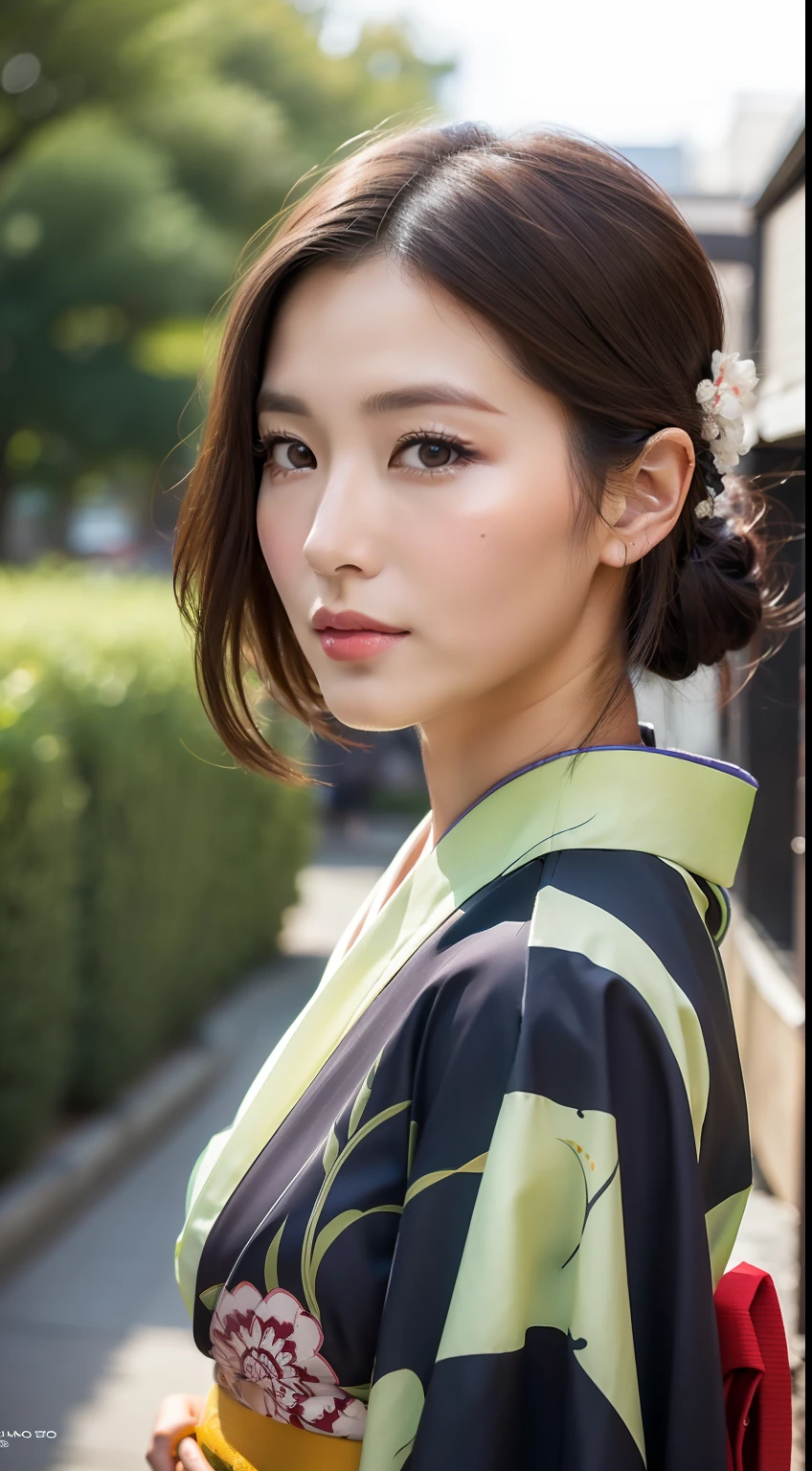 ((Top Quality, 8k, Masterpiece: 1.3)), Sharp Focus: 1.2, Beautiful Woman with Perfect Figure: 1.4, (Kimono), Street Tree, Highly Detailed Face and Skin Texture, Detailed Eyes, (Lips), Dark Brown Hair