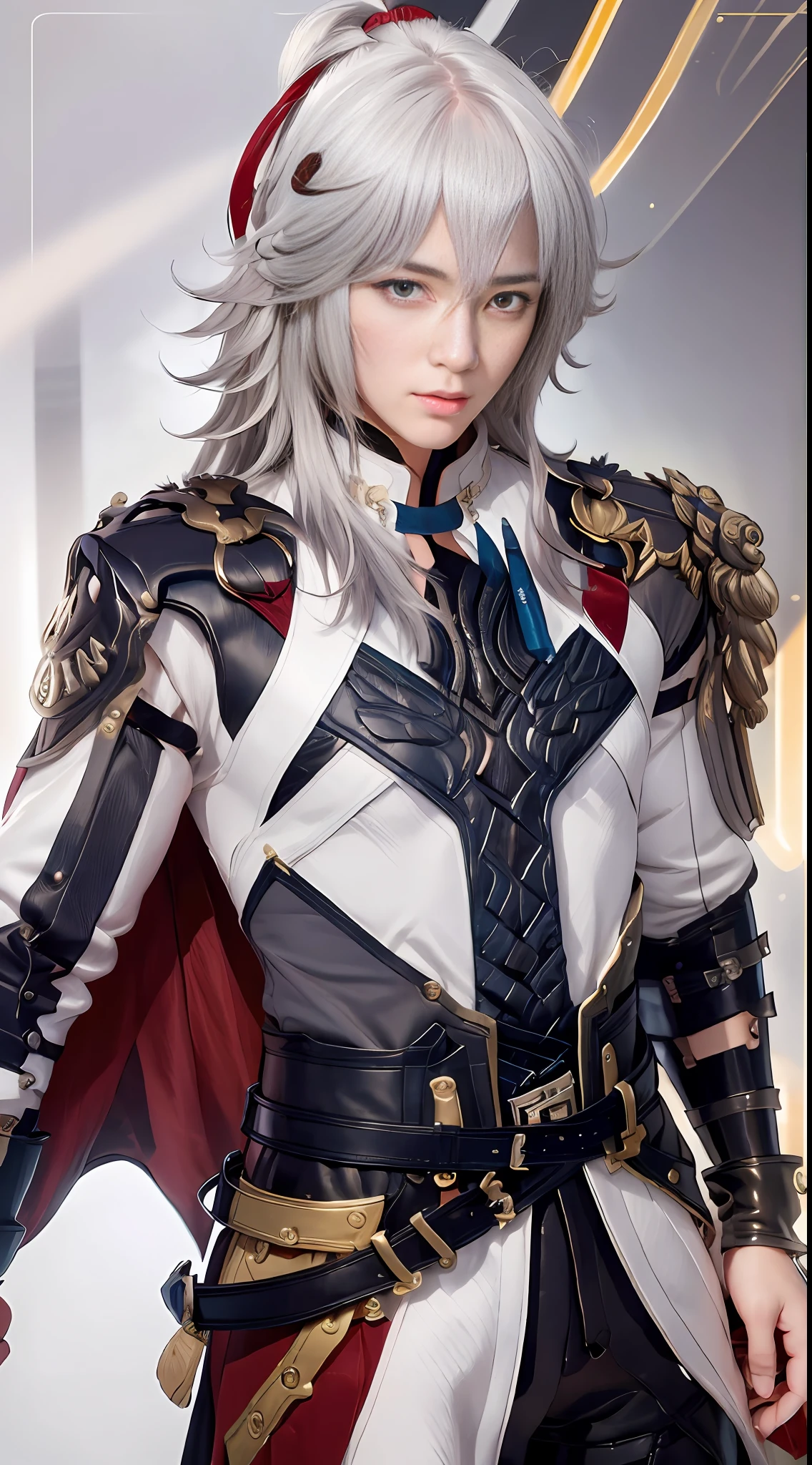 masterpiece, best quality, Full figure, jingyuan\(hsr\), 1boy, male focus, solo, white hair, blue eyes, gloves, hair over one eye, looking at viewer, cape, closed mouth, black gloves, bangs, high collar,, (grey background:1.4),