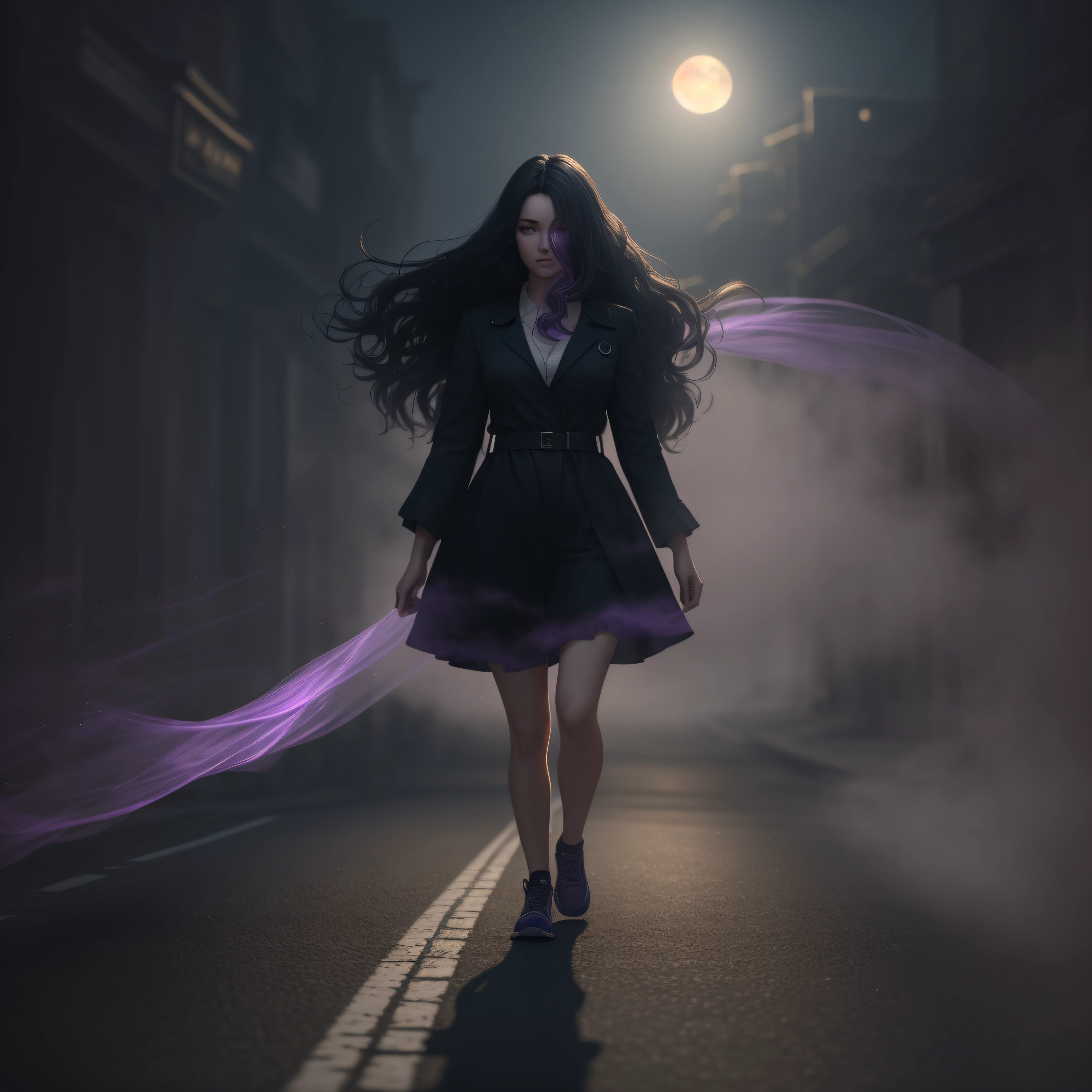 Woman walking head-on down a road at night, with fog and shadows, wavy and long black hair, detailed hand and fingers, high quality, ultra-detailed, 8k, masterpiece, (volumetric lighting), black magic, fanciful, lilac colors, purple, black and vivid shadows on the woman's return. --auto --s2