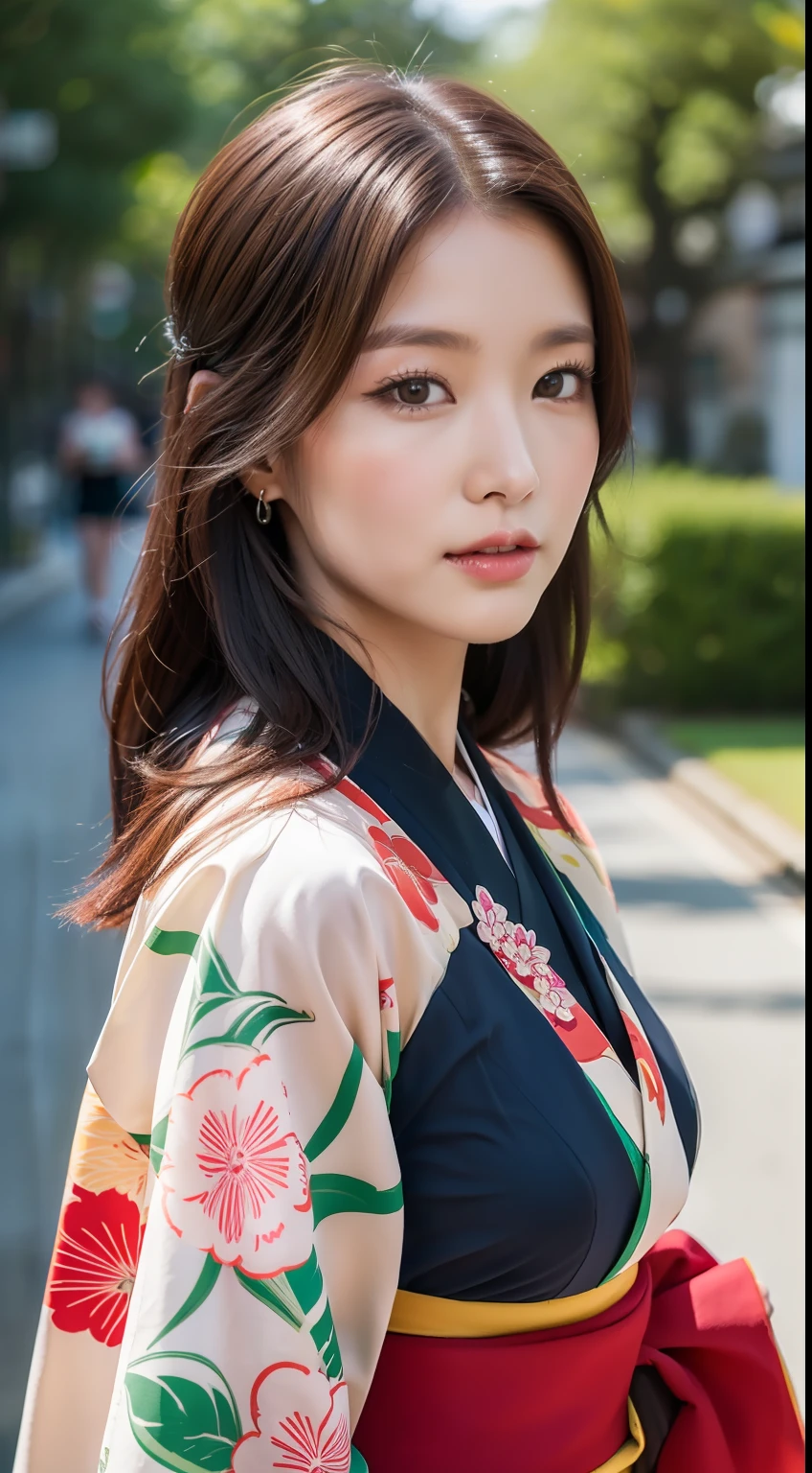 ((Top Quality, 8k, Masterpiece: 1.3)), Sharp Focus: 1.2, Beautiful Woman with Perfect Figure: 1.4, (Kimono), Street Tree, Highly Detailed Face and Skin Texture, Detailed Eyes, (Lips), Dark Brown Hair