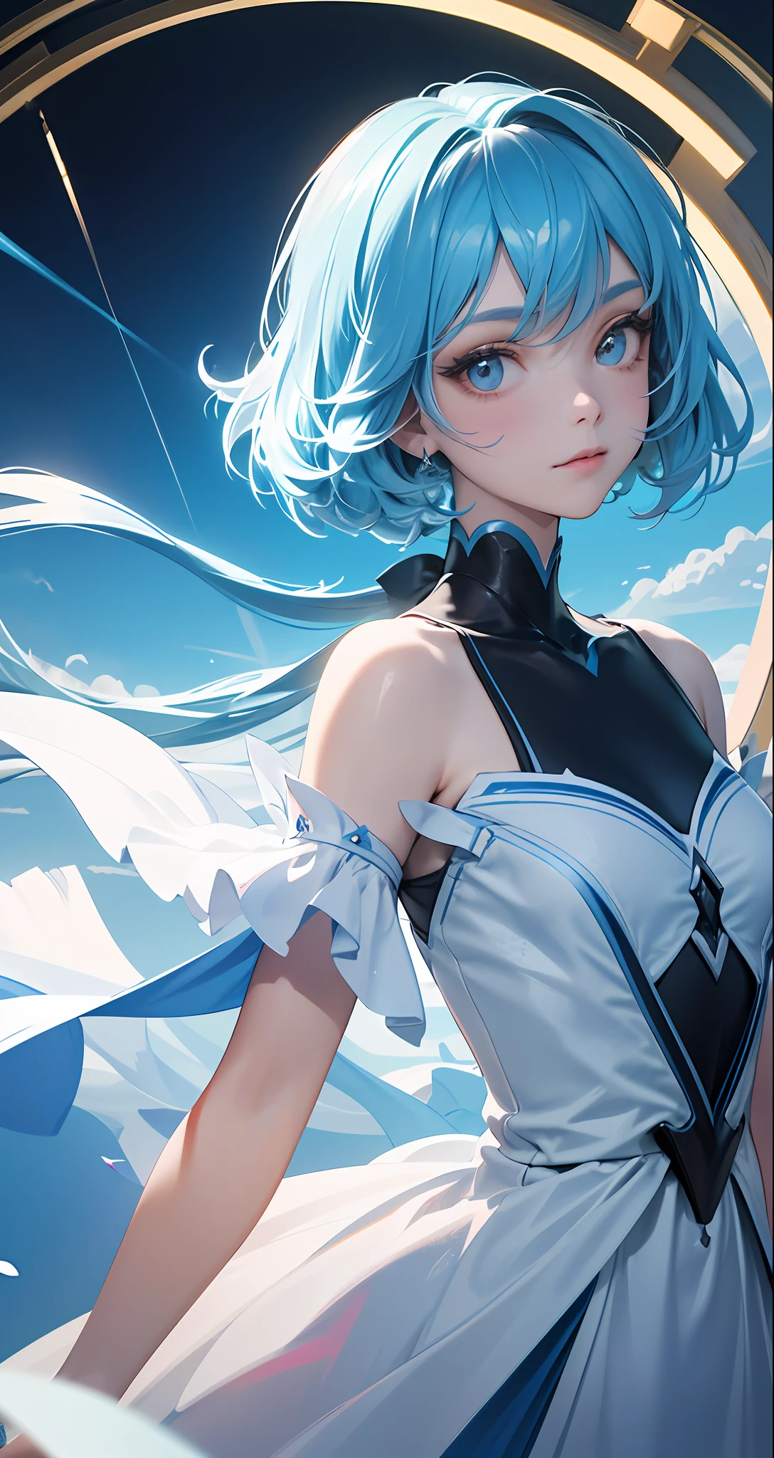 (8k, RAW photos, top quality, highly detailed CG Unity 8k wallpaper, masterpiece: 1.2), girl, light blue beautiful hair, floating in the sky, cloud girl, clouds, (close-up: 1.1), bright, happy, fun, soft lighting, (Bauhaus, shape, line, abstract: 1.1) cornflower, small and beautiful girl with detailed eyes, light blue beautiful hair, light blue monochromatic dress, upper body, The depth of field in the photo was perfect, and the lens flare added a nice touch. The fine features of his face really stood out, and the score in this photo was definitely over 10. In the background, there were clouds, a stunning picture that really captured the beauty and clouds of the girl. , accurate depiction of the iris, looks at the viewer lovingly like a gentle and goddess,