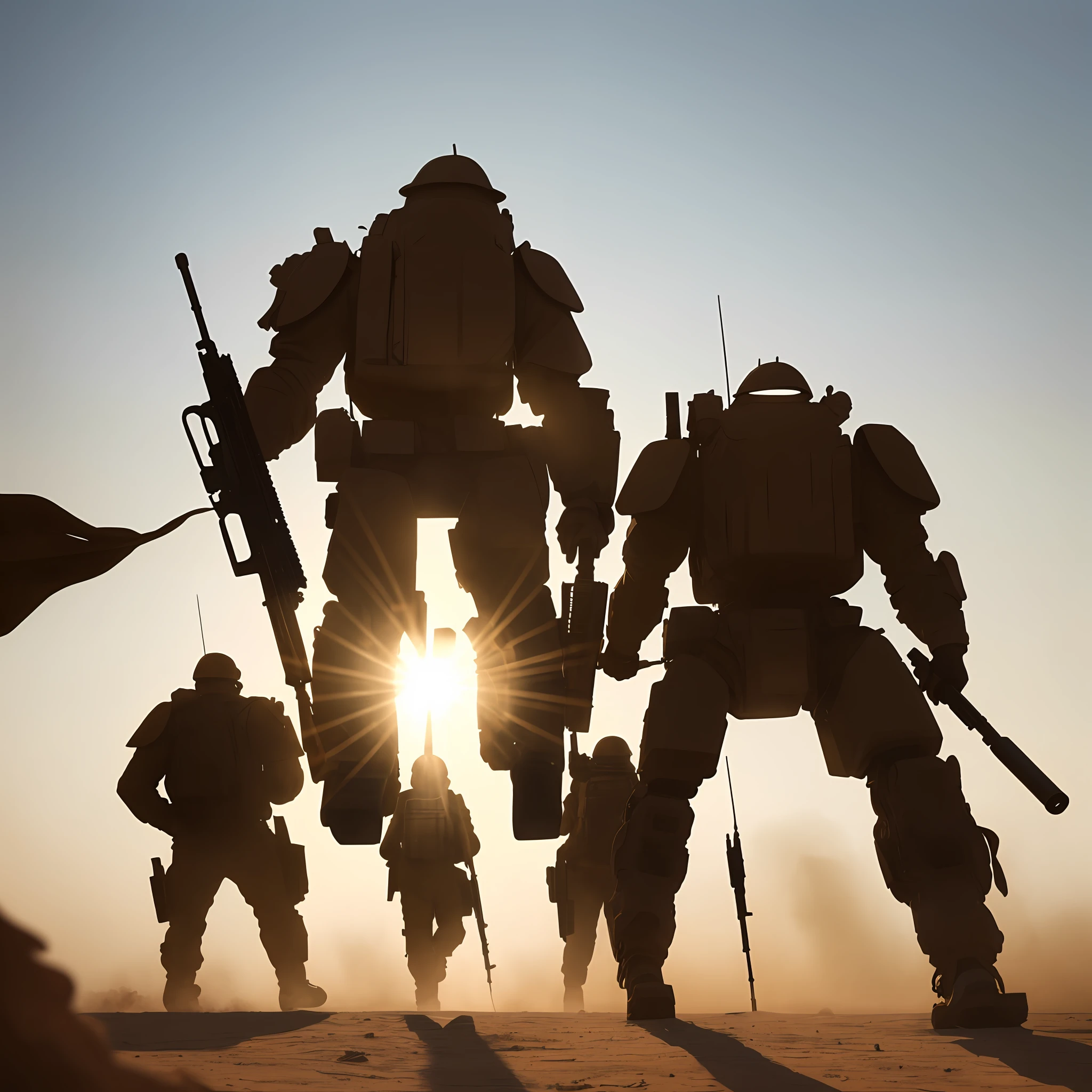 Three khaki-colored giant humanoid weapons pushing through the desert, so huge that they are almost silhouetted in backlight, but the camera eye glows dullly. The limbs of the humanoid weapon are details similar to those of modern tanks designed to avoid being hit. He is holding a long-barreled rifle. The scene is very dusty and hazy. --auto