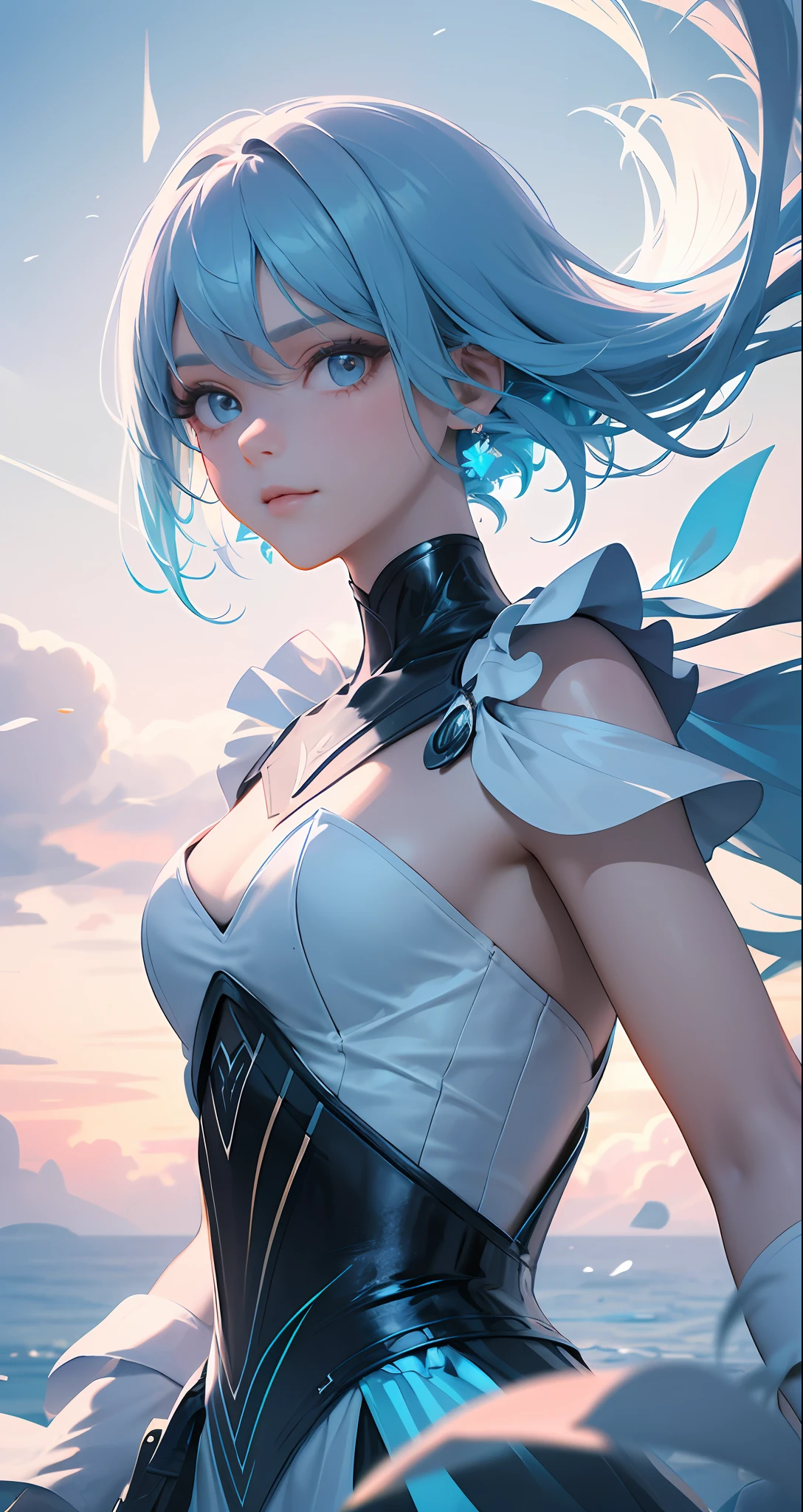 (8k, RAW photos, top quality, highly detailed CG Unity 8k wallpaper, masterpiece: 1.2), girl, light blue beautiful hair, floating in the sky, cloud girl, clouds, (close-up: 1.1), bright, happy, fun, soft lighting, (Bauhaus, shape, line, abstract: 1.1) cornflower, small and beautiful girl with detailed eyes, light blue beautiful hair, light blue monochromatic dress, upper body, The depth of field in the photo was perfect, and the lens flare added a nice touch. The fine features of his face really stood out, and the score in this photo was definitely over 10. In the background, there were clouds, a stunning picture that really captured the beauty and clouds of the girl. , accurate depiction of the iris, looks at the viewer lovingly like a gentle and goddess,