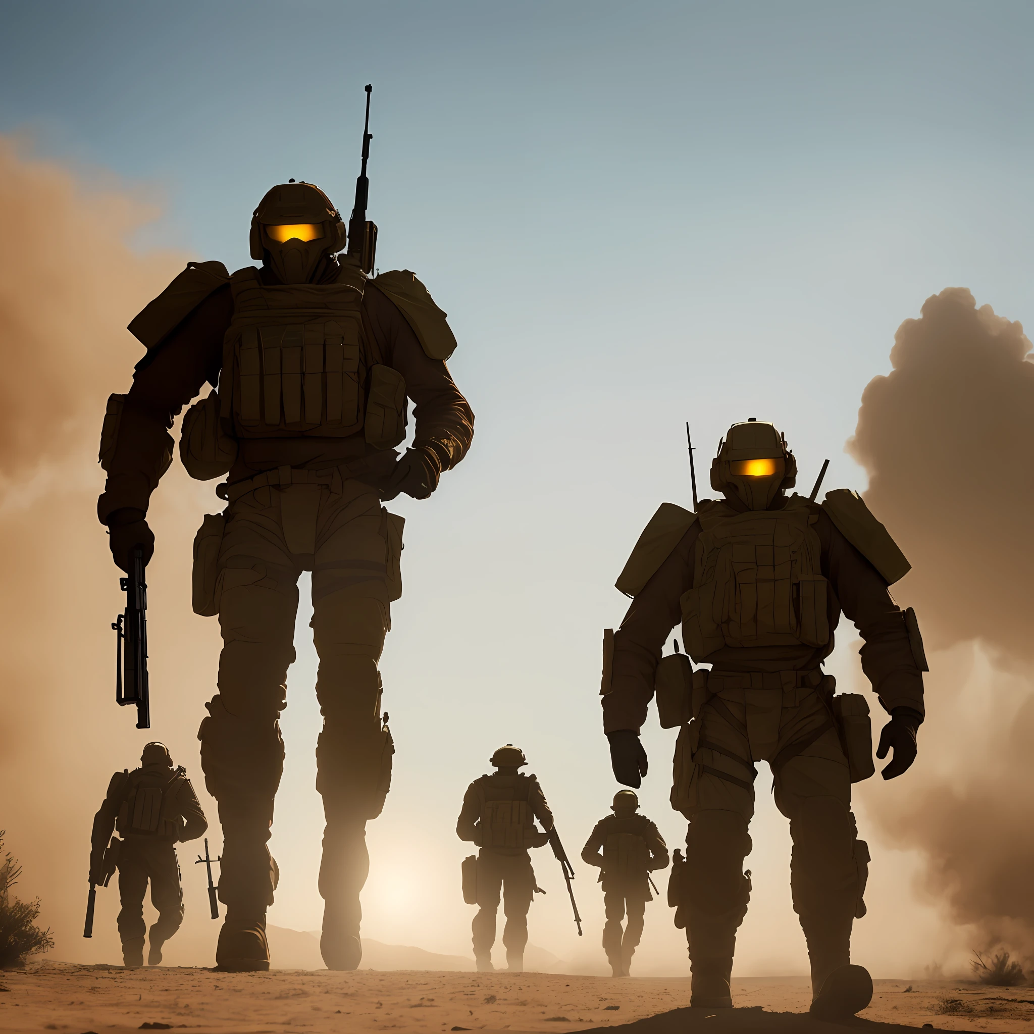 Three khaki-colored giant humanoid weapons pushing through the desert, so huge that they are almost silhouetted in backlight, but the camera eye glows dullly. The limbs of the humanoid weapon are details similar to those of modern tanks designed to avoid being hit. He is holding a long-barreled rifle. The scene is very dusty and hazy. --auto