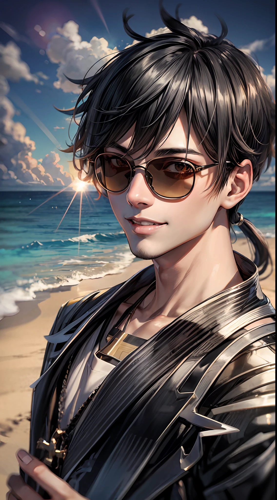 Zhongli, Zhongli, sea, male, boy, cool, shorts, shirt, sunshine, sun, lens flare, beach, beach festival, paripi, ponytail, gradient hair, smile, sunglasses, barbecue,
