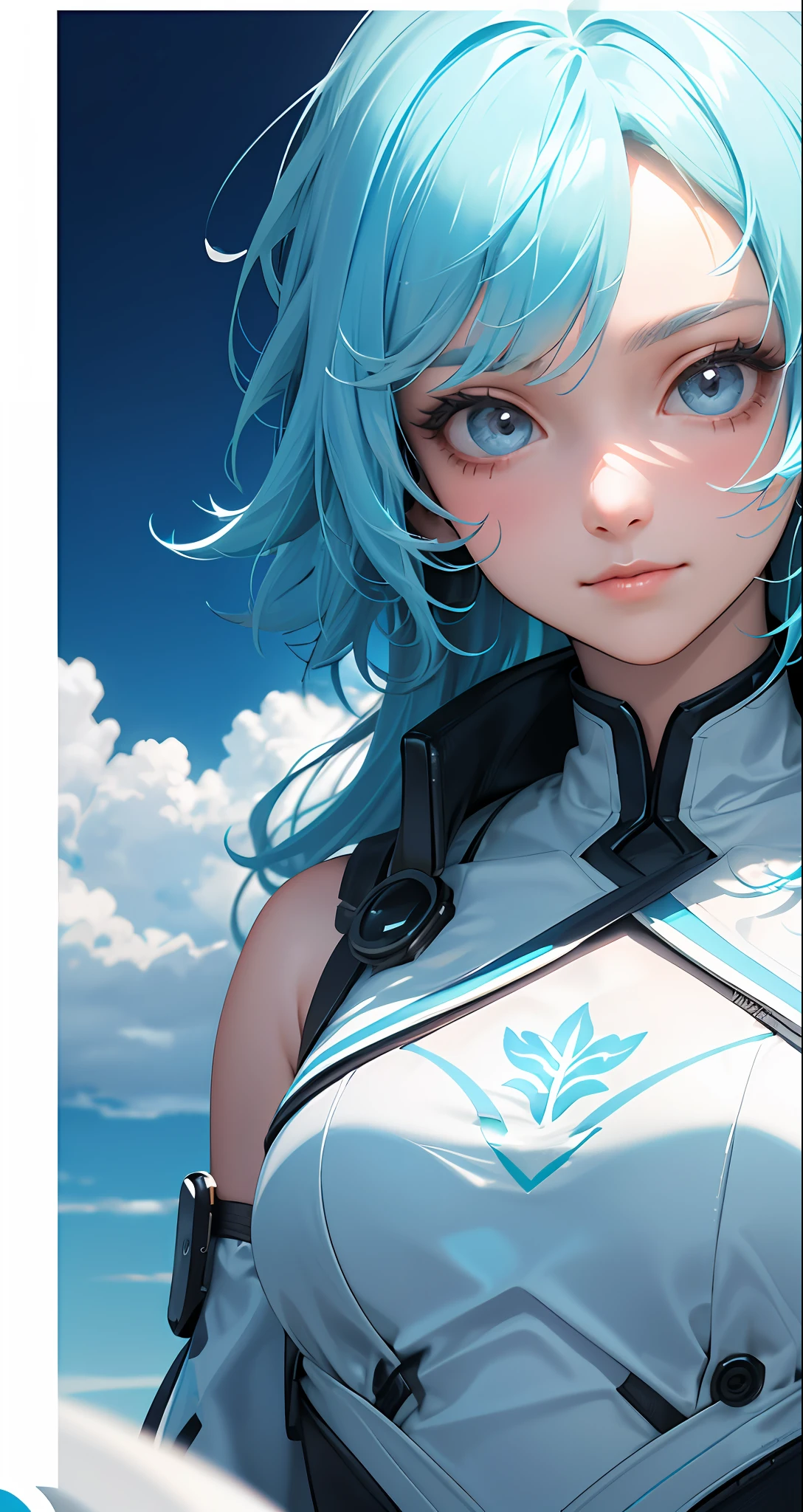 (8k, RAW photos, top quality, highly detailed CG Unity 8k wallpaper, masterpiece: 1.2), girl, light blue beautiful hair, floating in the sky, cloud girl, clouds, (close-up: 1.1), bright, happy, fun, soft lighting, (Bauhaus, shape, line, abstract: 1.1) cornflower, small and beautiful girl with detailed eyes, light blue beautiful hair, light blue monochromatic dress, upper body, The depth of field in the photo was perfect, and the lens flare added a nice touch. The fine features of his face really stood out, and the score in this photo was definitely over 10. In the background, there were clouds, a stunning picture that really captured the beauty and clouds of the girl. , accurate depiction of the iris, looks at the viewer lovingly like a gentle and goddess,