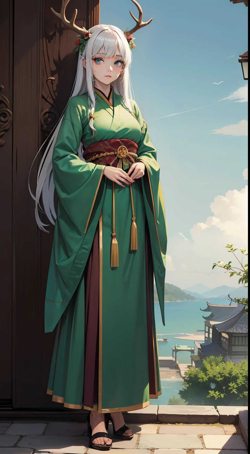 ((hand of guido daniele))(antlers)(((ru_qun))),best_quality,(((anime))),head,original_outfit,hanfu,clear details,masterpiece, best_quality, clear details,1 girl,green clothes,detailed skin texture,detailed cloth texture, beautiful detailed face, ultra detailed,photorealsim,white hair, clear pupils,blue eyes, clear face,green clothes,full body,