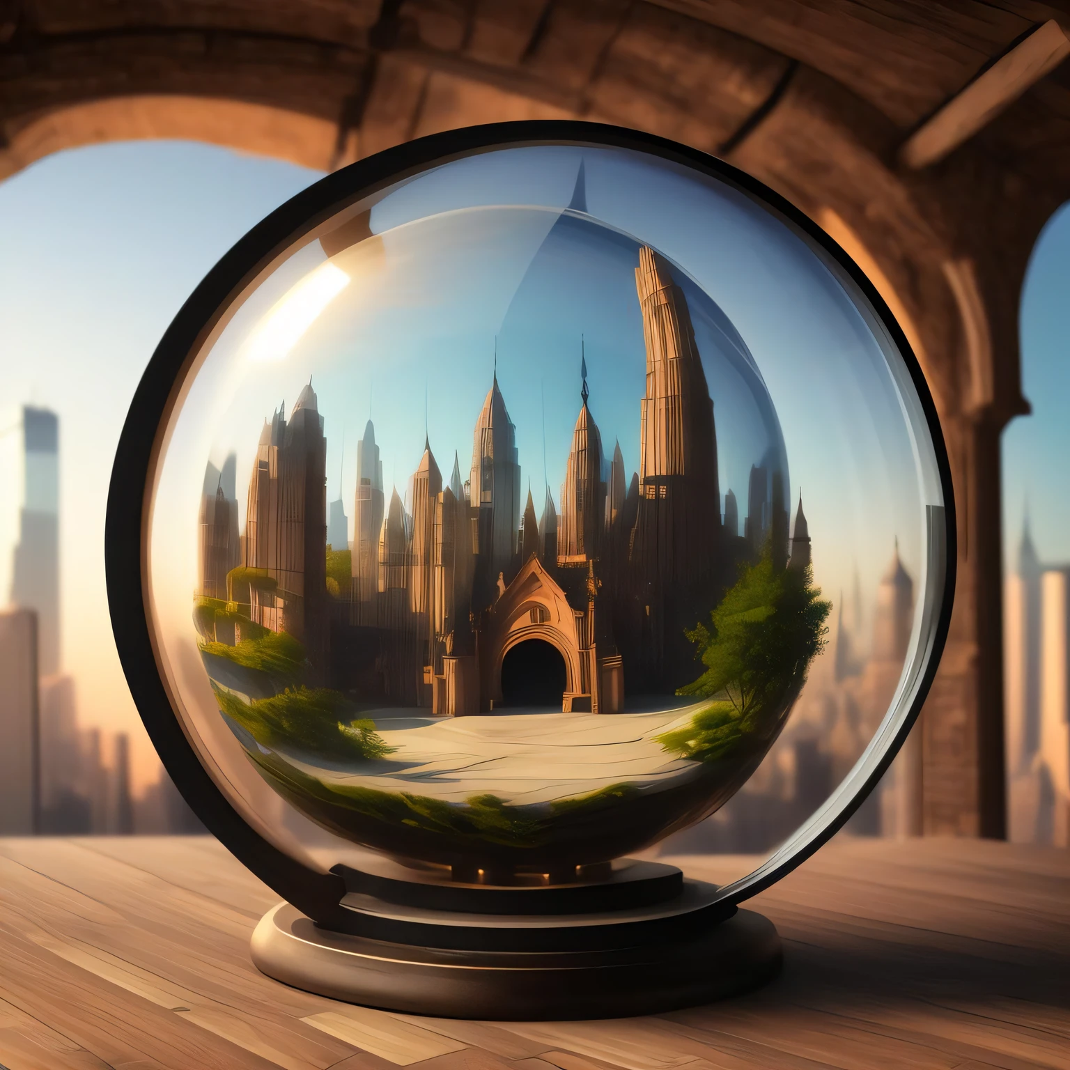 a digital painting of a cityscape inside a glass sphere, wooden arch ruins background, Encapsulated