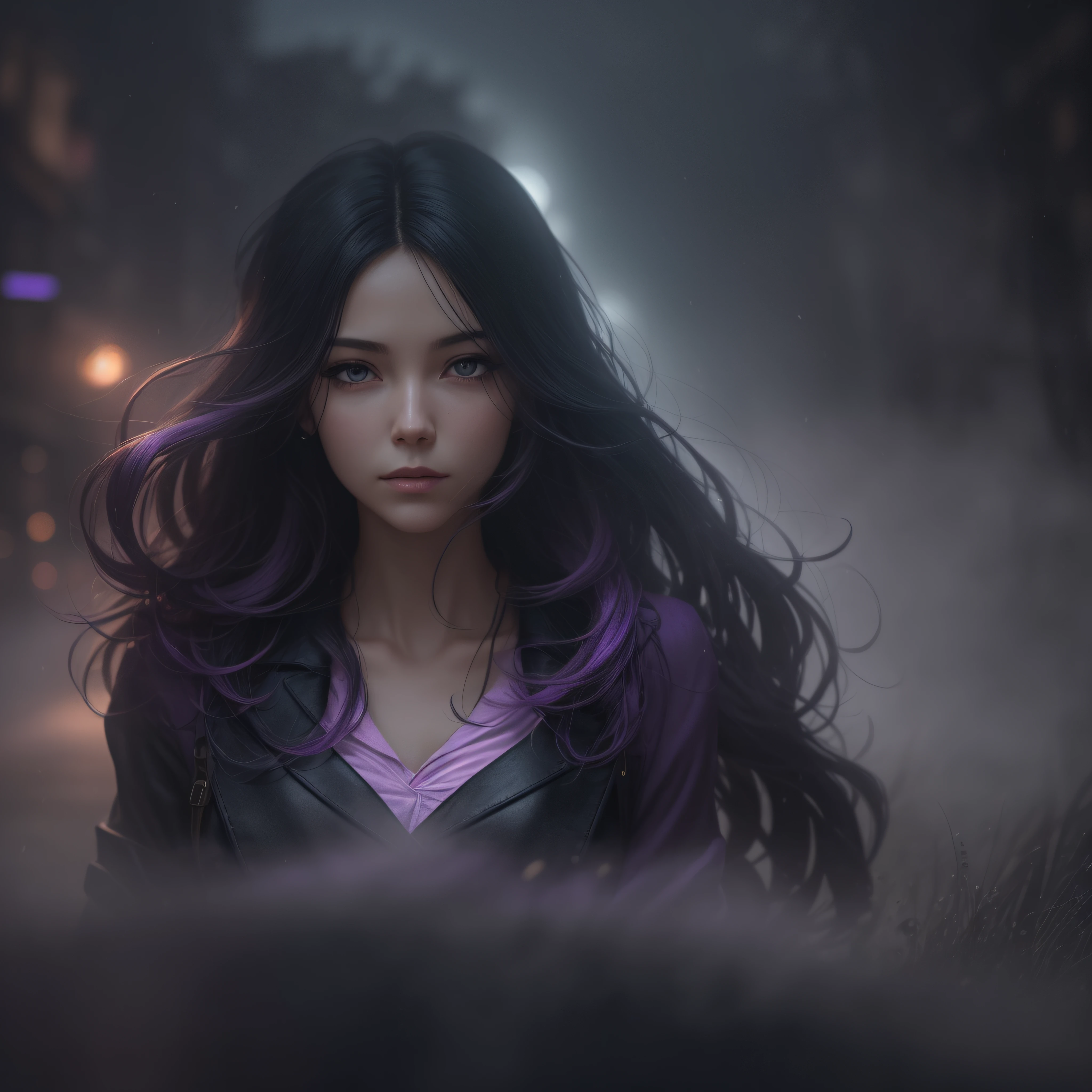 Woman walking head-on down a road at night, with fog and shadows, wavy and long black hair, detailed hand and fingers, high quality, ultra-detailed, 8k, masterpiece, (volumetric lighting), black magic, fanciful, lilac colors, purple, black and vivid shadows on the woman's return. --auto --s2