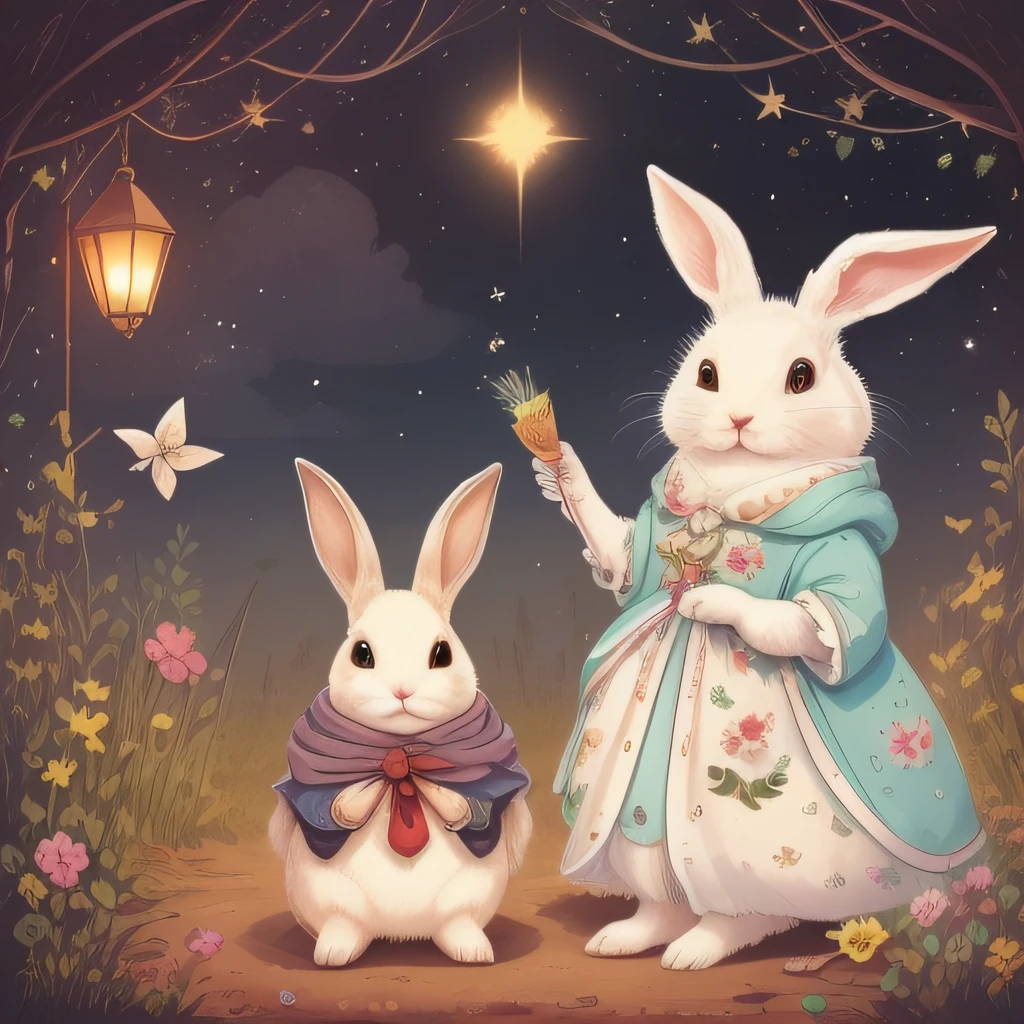 Picture book illustrations for children、Rabbit in a queen's dress、White rabbit、biped、Rabbit personification、3頭身、Setting image、cuddly、Two rabbit ears、color illustration、Configuration Materials、Colorful colors、Deformed rabbit、18世紀フランスの服、