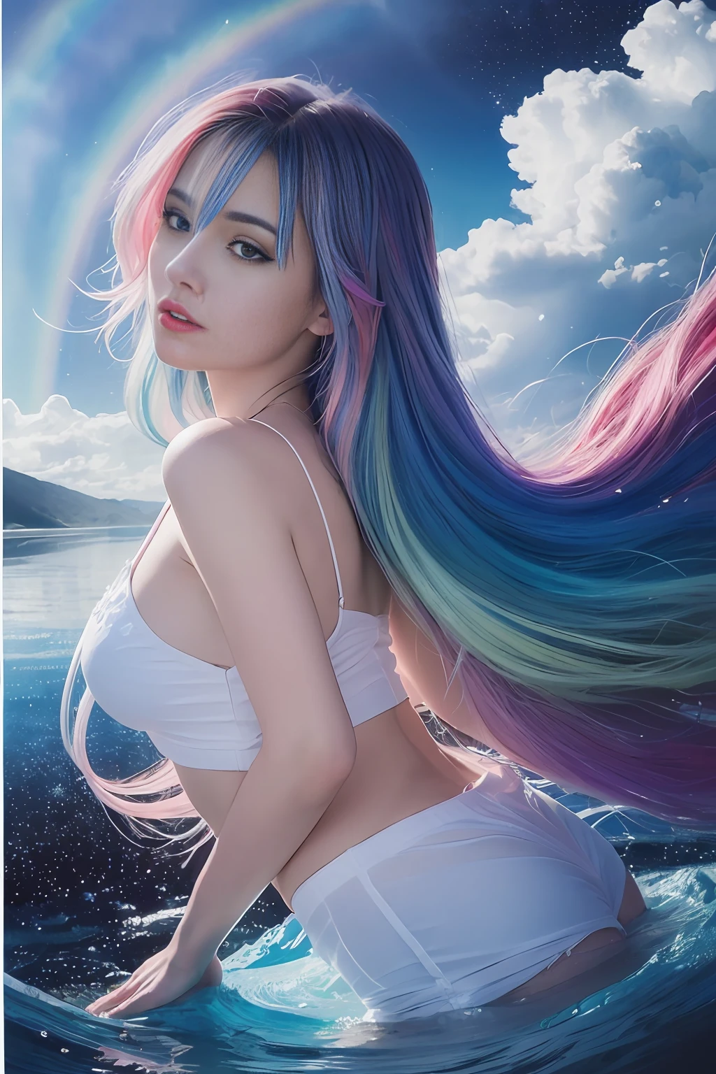 (masterpiece, top quality, best quality,watercolor (medium),official art, beautiful and aesthetic:1.2),(1girl:1.3), (fractal art:1.3),full body, from side, patterns,(rainbow color Hair,colorful hair,half blue and half pink hair:1.2),water,liquid, cloud,colorful, starry,stars,
