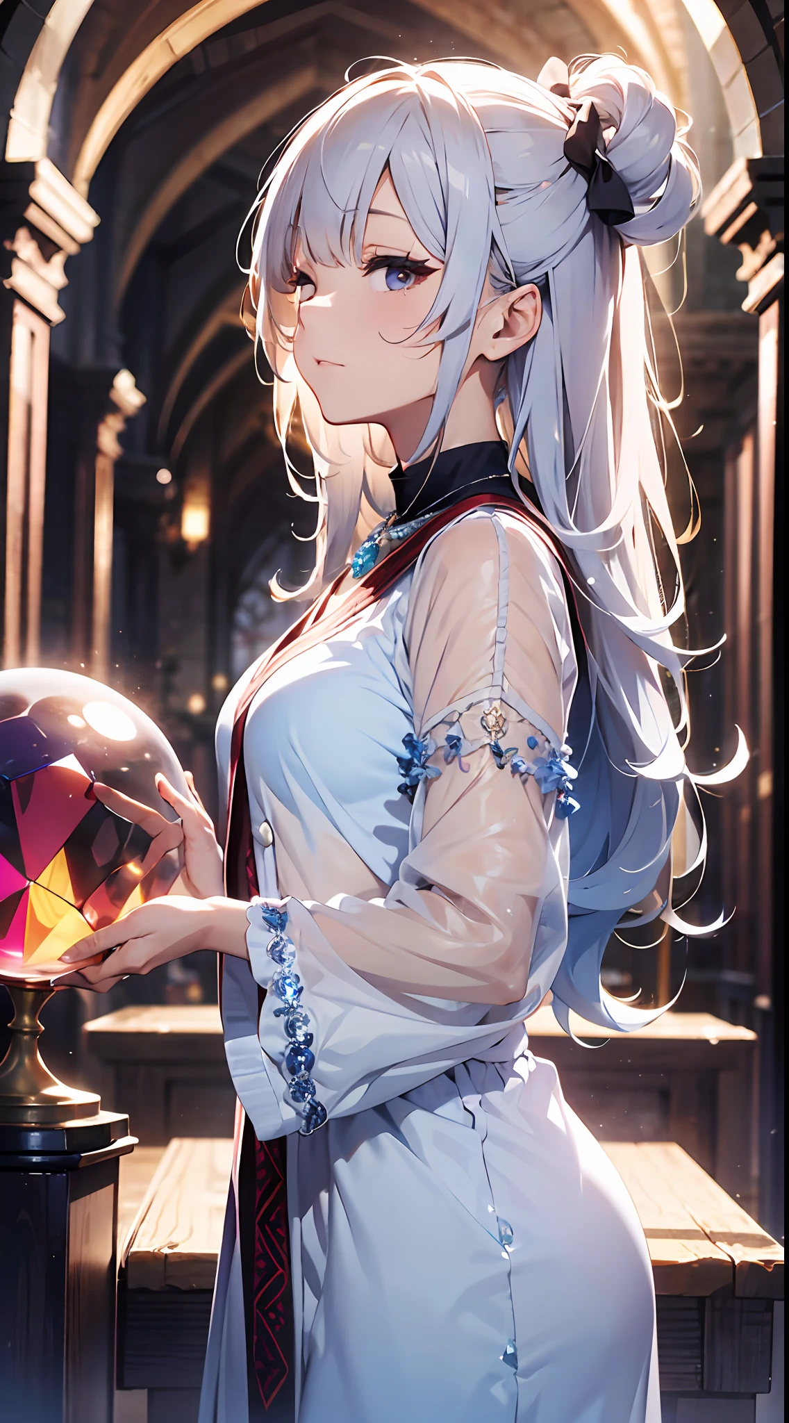 Standing figure from the side, transparent crystal ball, church, crystal necklace, elderly, closed eyes. (((masterpiece))),((ultra detailed,best quality, highres, 8k wallpaper, beautiful Clothes,))eyeshadow, eyeliner,35-year-old girl。 Goddess, white robes. White hair, very berry long hair, up-hair. Perm. He has a big crystal ball. Princess hairstyle