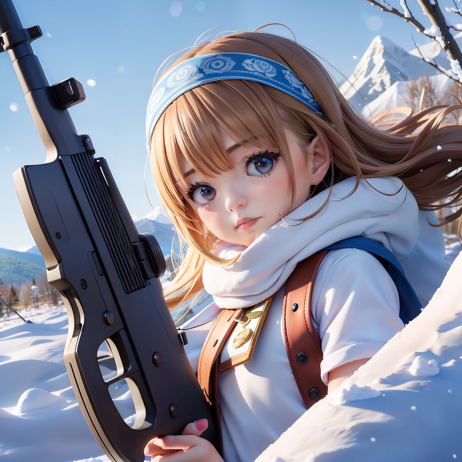 ((6year old girl:1.5)), 1 girl, loli, petite girl, complete anatomy, whole body, children's body, child, super cute, girl, little girl, beautiful girl, beautiful shining body, bangs,brown hair,high eyes,(aquamarine eyess), drooping eyes, petite,tall eyes, beautiful girl with fine details, Beautiful and delicate eyes, detailed face, Beautiful eyes, beautiful shining body, rifle, ((snowfield,snow scene)),(((wide Blue headband ))),(white fur ),(Sniper Stance),Ainu folk costume,(snow mountain blue sky:1.5), Random poses, bouncy hair, random angles, natural light,((realism: 1.2)), dynamic far view shot,cinematic lighting, perfect composition, by sumic.mic, ultra detailed, official art, masterpiece, (best quality:1.3), reflections, extremely detailed cg unity 8k wallpaper, detailed background, masterpiece, best quality, (masterpiece), (best quality:1.4), (ultra highres:1.2), (hyperrealistic:1.4), (photorealistic:1.2), best quality, high quality, highres, detail enhancement,ak-47,akm,kalashnikov_rifle,assault_rifle,
holding_gun,
