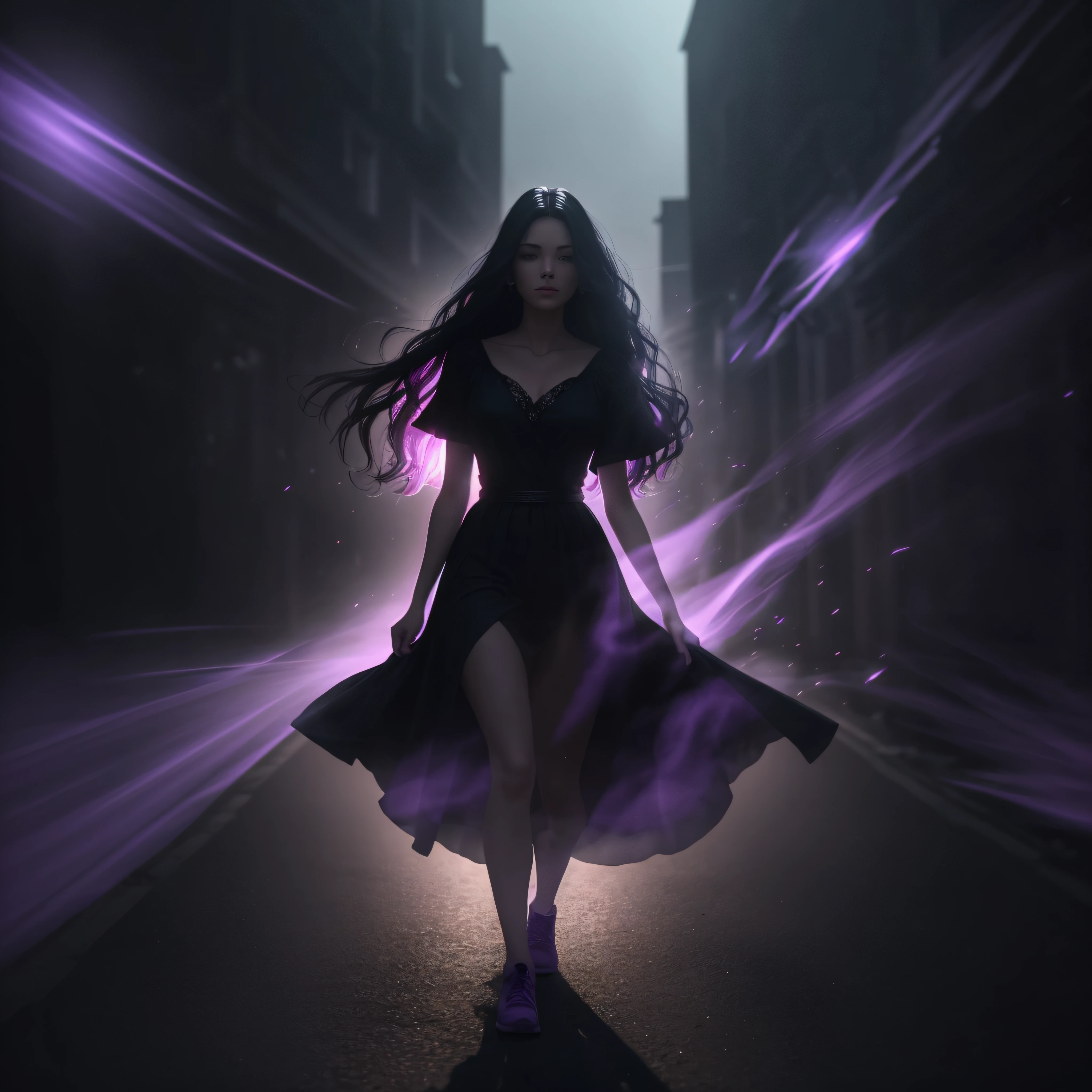 Woman walking head-on down a road at night, with fog and shadows, wavy and long black hair, detailed hand and fingers, high quality, ultra-detailed, 8k, masterpiece, (volumetric lighting), black magic, fanciful, lilac colors, purple, black and vivid shadows on the woman's return. --auto --s2