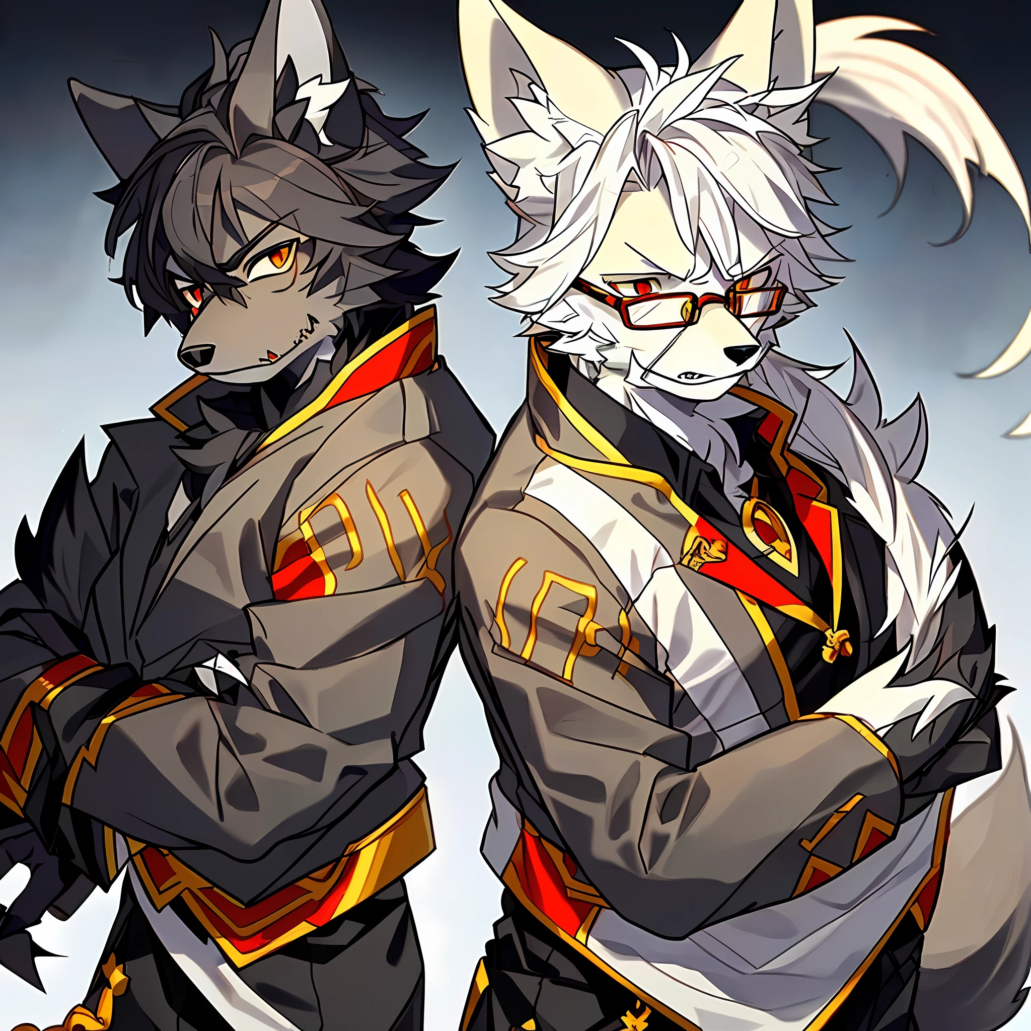 (Best Quality), (Masterpiece), ((Single))(Ultra Detailed), (Furry), (Male Wolf: 1.5), (Black Fur: 1.3), (Fluffy Tail: 1.2), (Golden Yellow and Red Eyes), (Sharp Claws), (Grey Ears), (Serious Look), Sharp Focus, (Furry Animal Ears), Suit, Single-rimmed Glasses