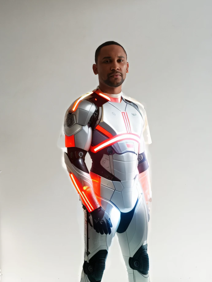 cyborg man body, exposed wires, holographic texture, muscular body, turned skin, holography, galaxy, uniform, robot, technology, cyberpunk, holographic clothing, muscle man