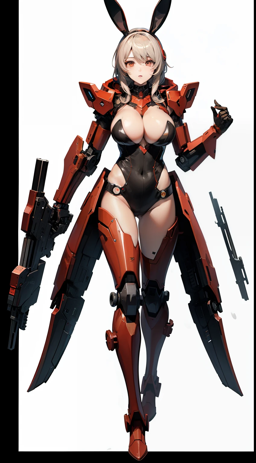 best quality,masterpiece,illustration,full body,Mecha,(Solid color:1.4),machinery, Mecha, 1girl, solo, science fiction,red border, hood,bunny girl,Rabbit ear,large breasts, bare full body, machinery foots,