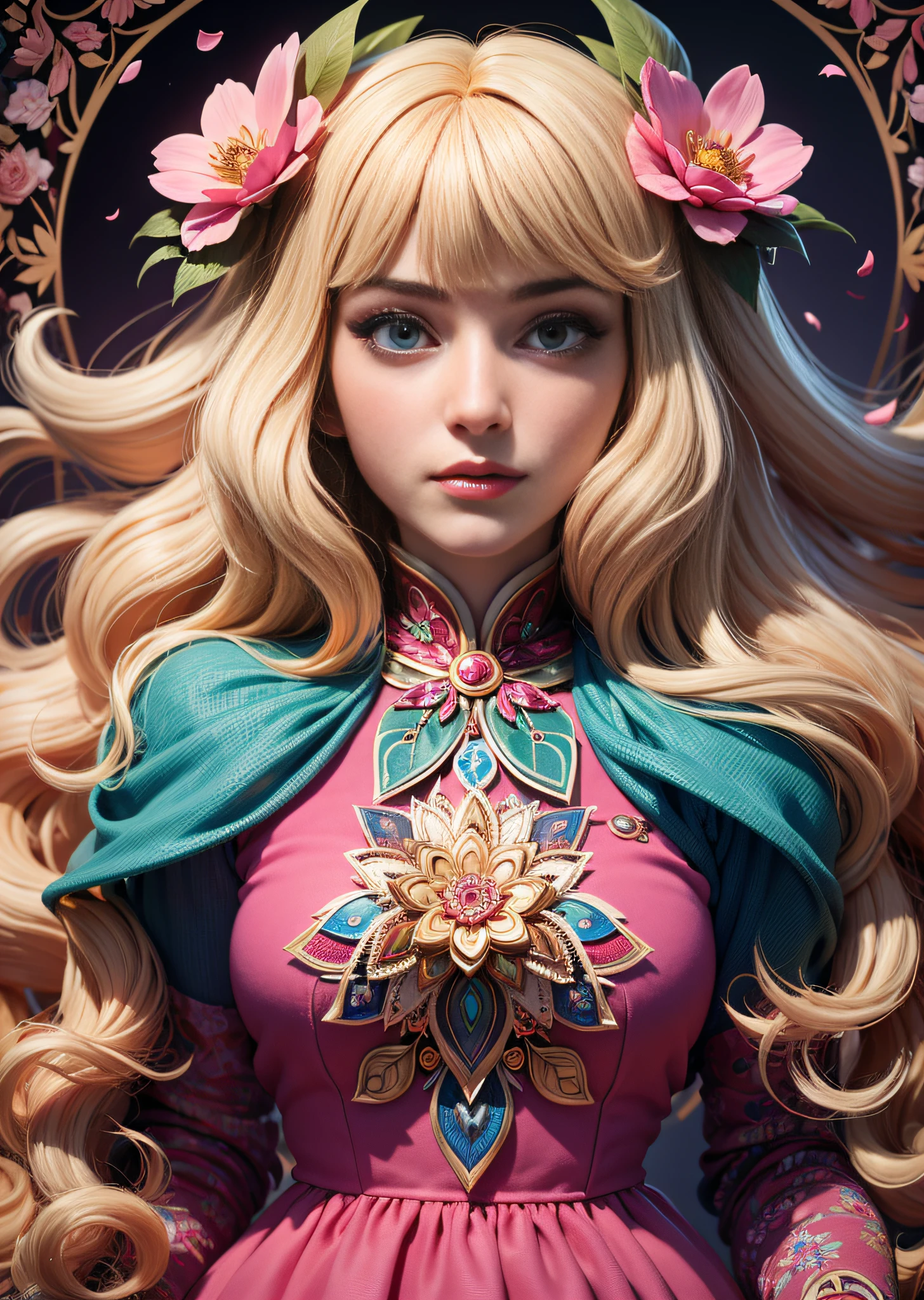 (absurdres, highres, ultra detailed), 1girl, mature female, wavy blonde hair, long hair, blunt bangs, green eyes, pink dress, finely detailed eyes and detailed face, extremely detailed CG unity 8k wallpaper, intricate details, BREAK , kaleidoscopic imagery, symmetrical patterns, vibrant colors, geometric shapes, mesmerizing designs, optical illusions, dynamic composition BREAK , pantomime art, expressive body language, silent storytelling, evocative gestures, visual narratives, theatrical performances BREAK , blooming flowers, colorful petals, fragrant scents, nature's bounty, vibrant gardens, peaceful scenery