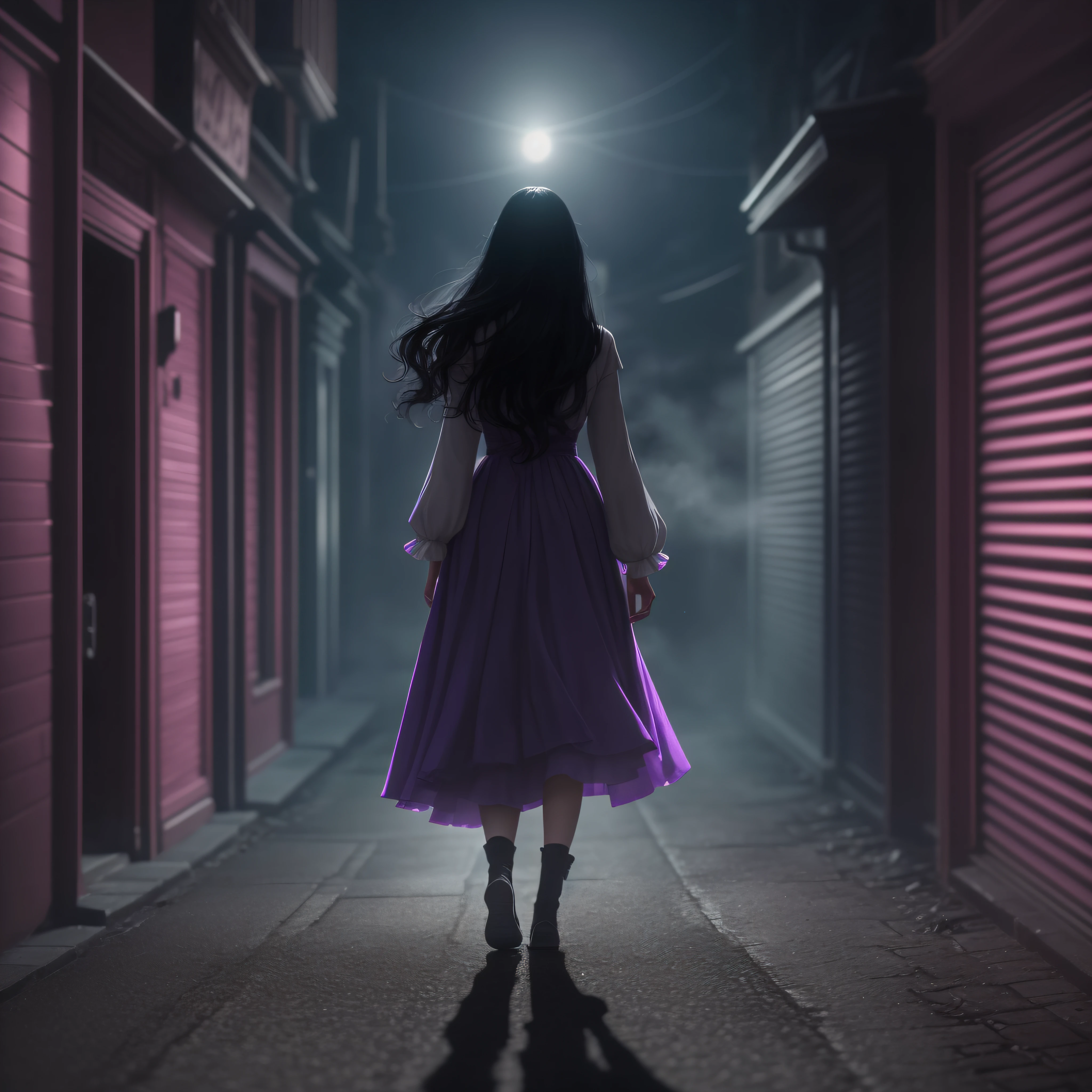 Woman walking head-on down a road at night, with fog and shadows, wavy and long black hair, detailed hand and fingers, high quality, ultra-detailed, 8k, masterpiece, (volumetric lighting), black magic, fanciful, lilac colors, purple, black and vivid shadows on the woman's return. --auto --s2