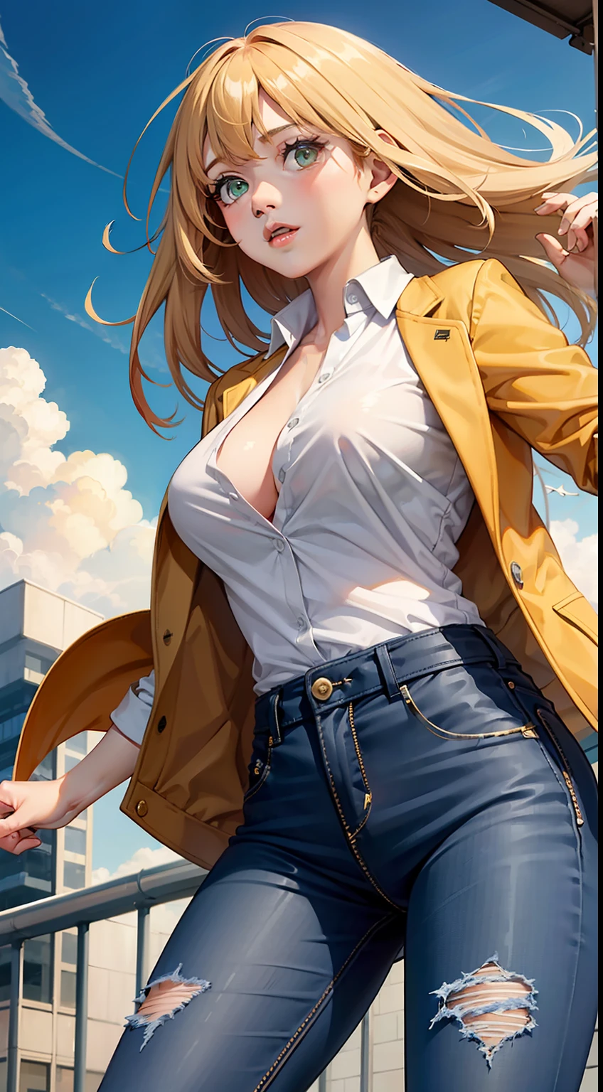 best quality, masterpiece,game cg, 8k, 1girl, solo,smooth skin,large breasts,blonde hair, green eyes,glowing eyes, floating hair,
open jacket,front-tie top, shirt, torn jeans, falling, wind,falling from sky,
blue sky, above clouds,